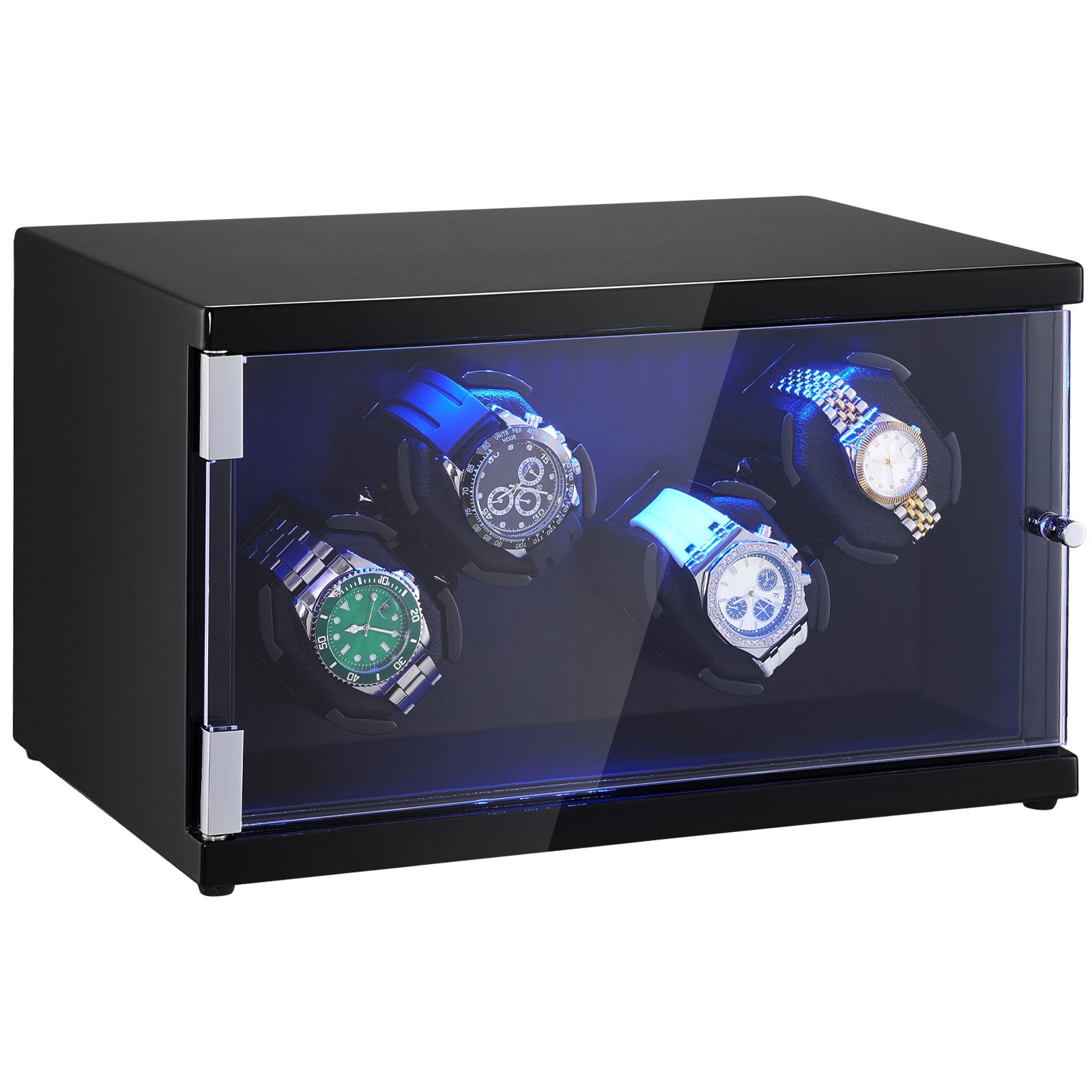 Watch Winder, Watch Winder For 4 Men's And Women's Automatic Watches, With 2 Super Quiet Japanese Mabuchi Motors, Blue LED Light And Adapter, High-Density Board Shell And Black PU - Image 1