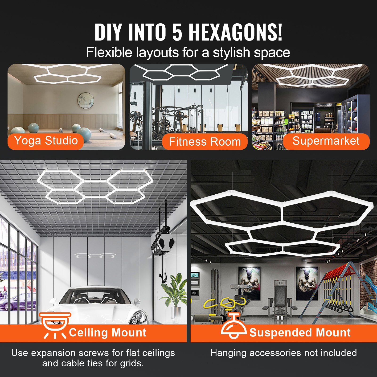Hexagon Garage Lights, 26400LM, 6500K 5 Grid Systems Honeycomb Hexagonal Garage LED Lights, DIY Cool White Car… - 4