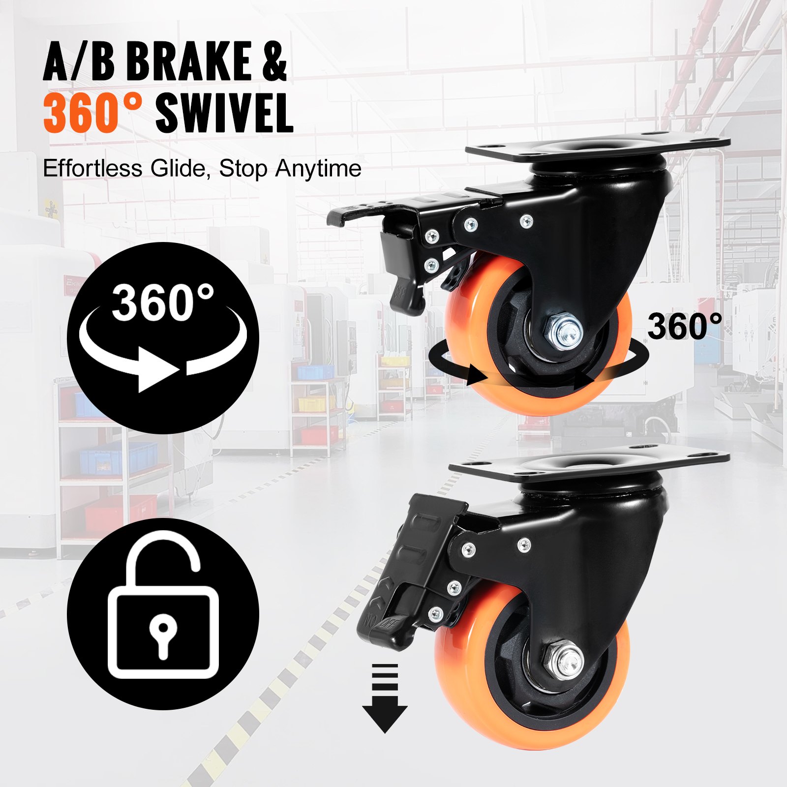 Caster Wheels, 3-inch Swivel Plate Casters, Set Of 4, With Security A/B Locking No Noise PVC Wheels, Heavy Duty Load… - 4