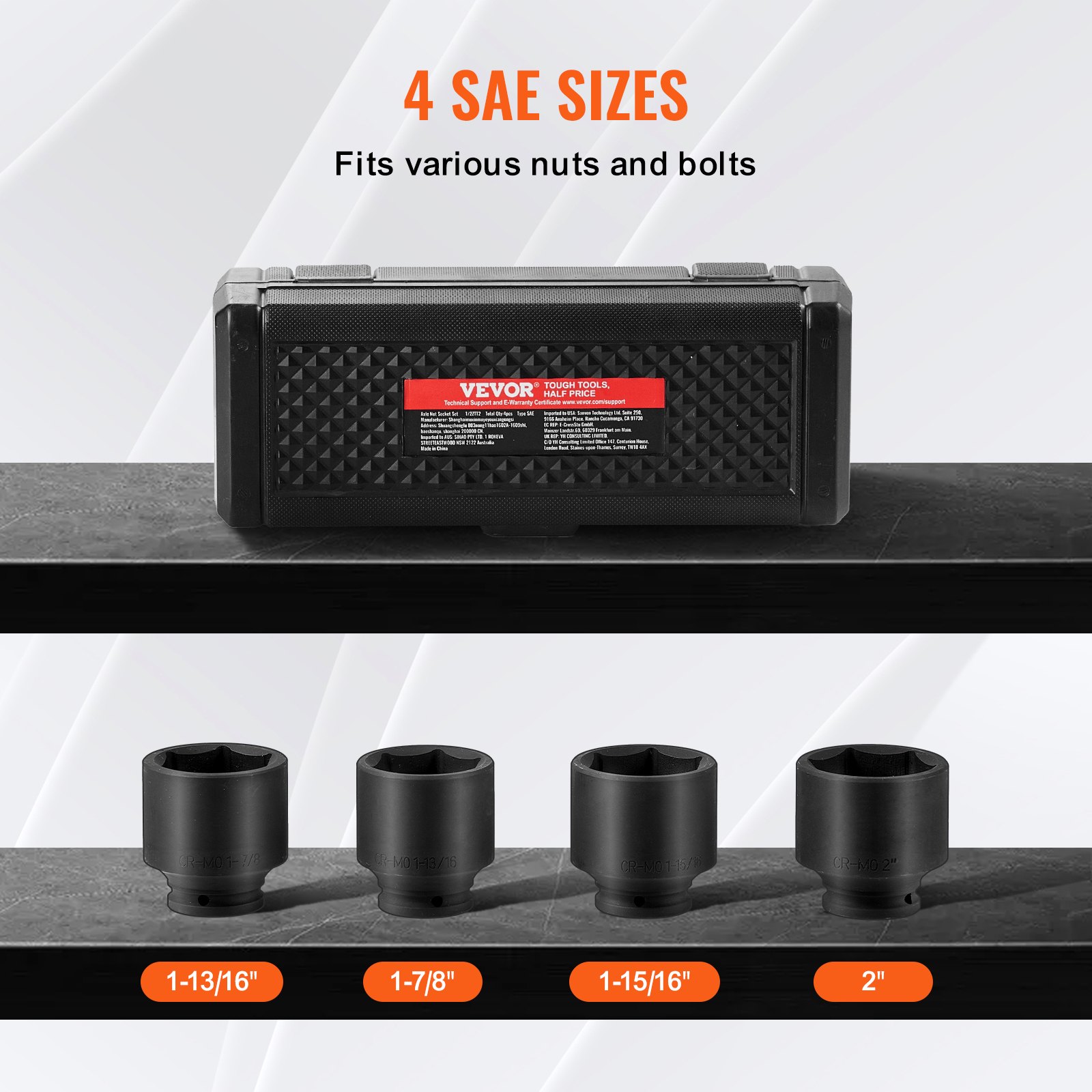Axle Nut Impact Socket Set, 1/2" Drive 6-Point 4-Piece SAE Spindle Nut Socket Set, CR-MO Heat Treated Large Socket Set With Storage Case, For Auto Repair, Removing Or Installing Axle Nuts