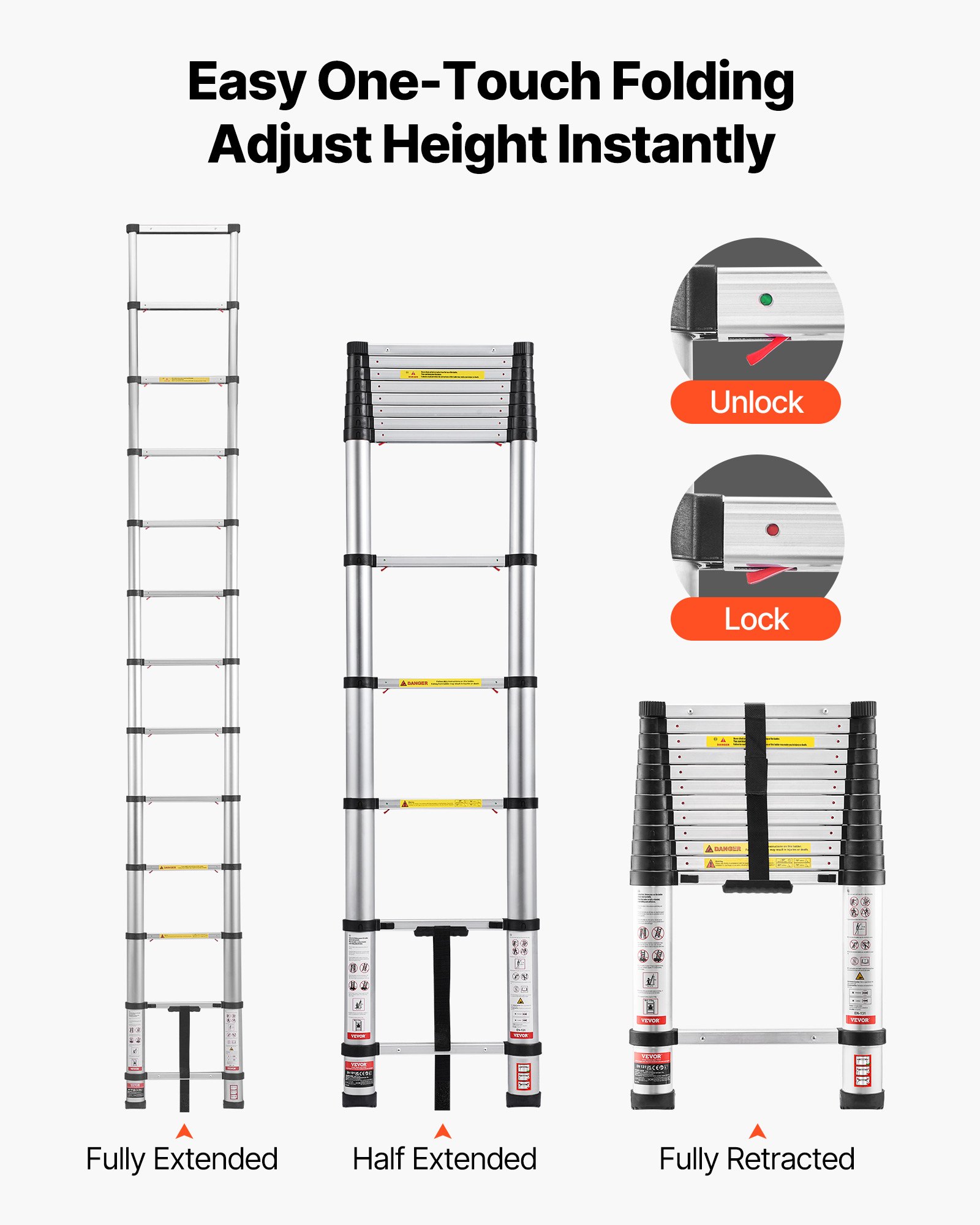 12.5ft Telescoping Ladder, Aluminum Lightweight Multi-Purpose Collapsible Extension, One-Touch Retraction Ladder, Heavy Duty 330LBS Max Capacity With Non-Slip Feet, For Home, Outdoor Work, Loft image 4