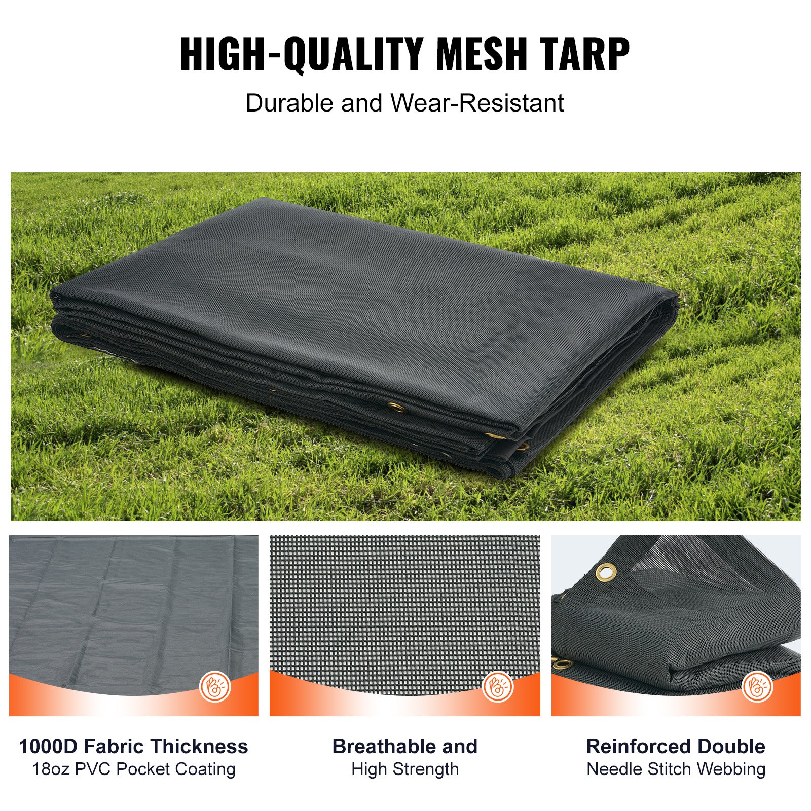 Dump Truck Mesh Tarp, 7 X 18 Ft, PVC Coated Black Heavy Duty Cover With 5.5" Double Pocket, Brass Grommets,… - 3