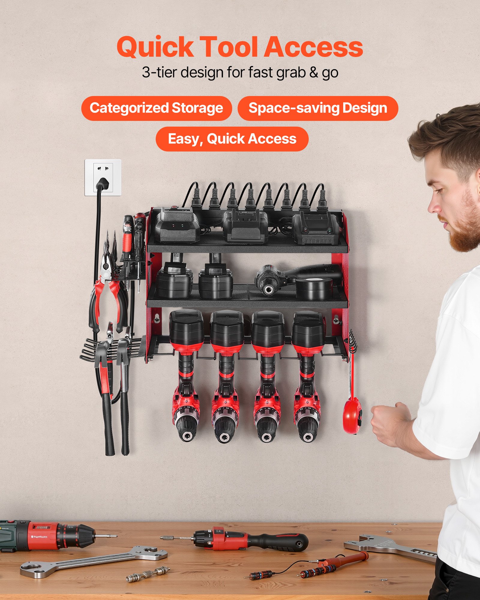 Power Tool Organizer With Charging Station, 3-Layer Drill Storage Rack With 4 Drill Holders & Side Pegboard, Garage Tool Organizer Built In 8 Outlet Power Strips For Garage, Workbench, Workshop image 2