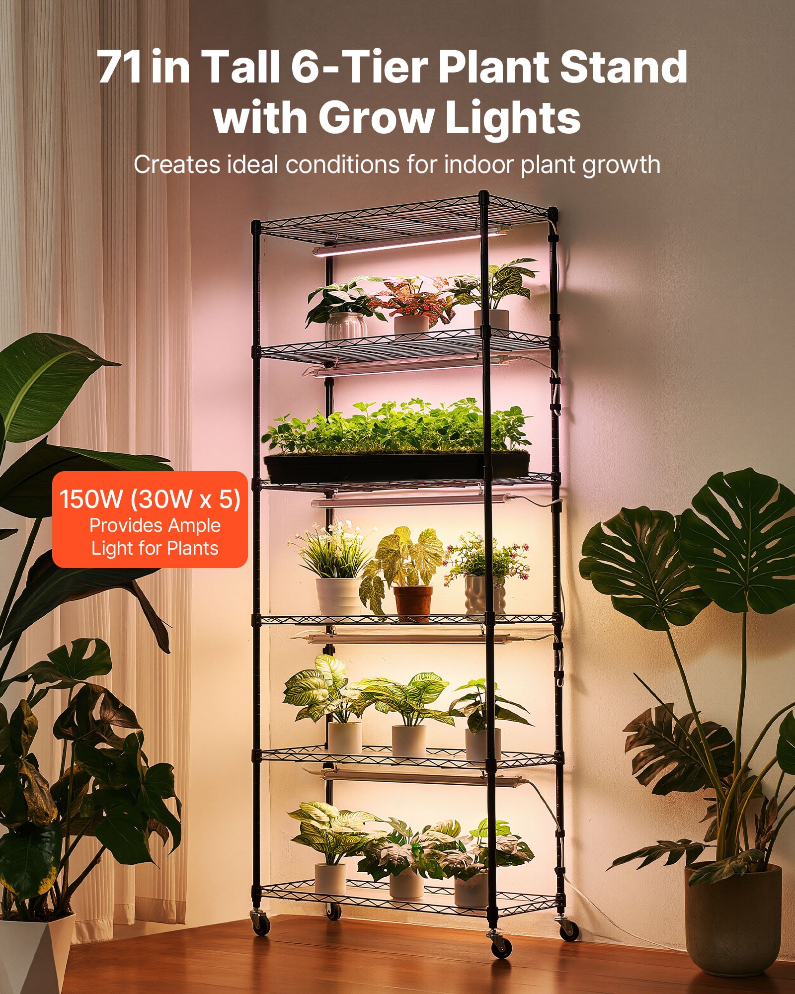 Plant Shelf With Grow Light, 6-Tier Indoor Plant Stand, 71in Tall Plants Display Rack With Wheels & 4/9/14H Timer, 150W 3-Color Full Spectrum Grow Lights, Flower Pot Holder For Seed Starting image 2
