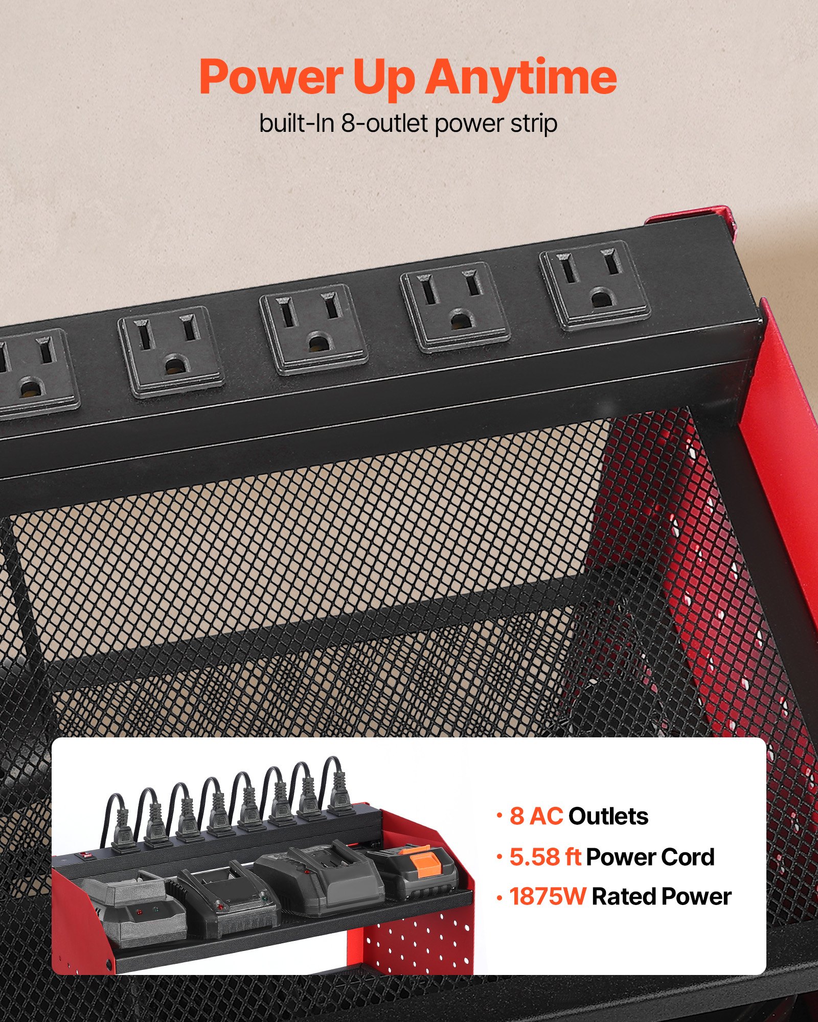 Power Tool Organizer With Charging Station, 3-Layer Drill Storage Rack With 4 Drill Holders & Side Pegboard, Garage Tool Organizer Built In 8 Outlet Power Strips For Garage, Workbench, Workshop image 3