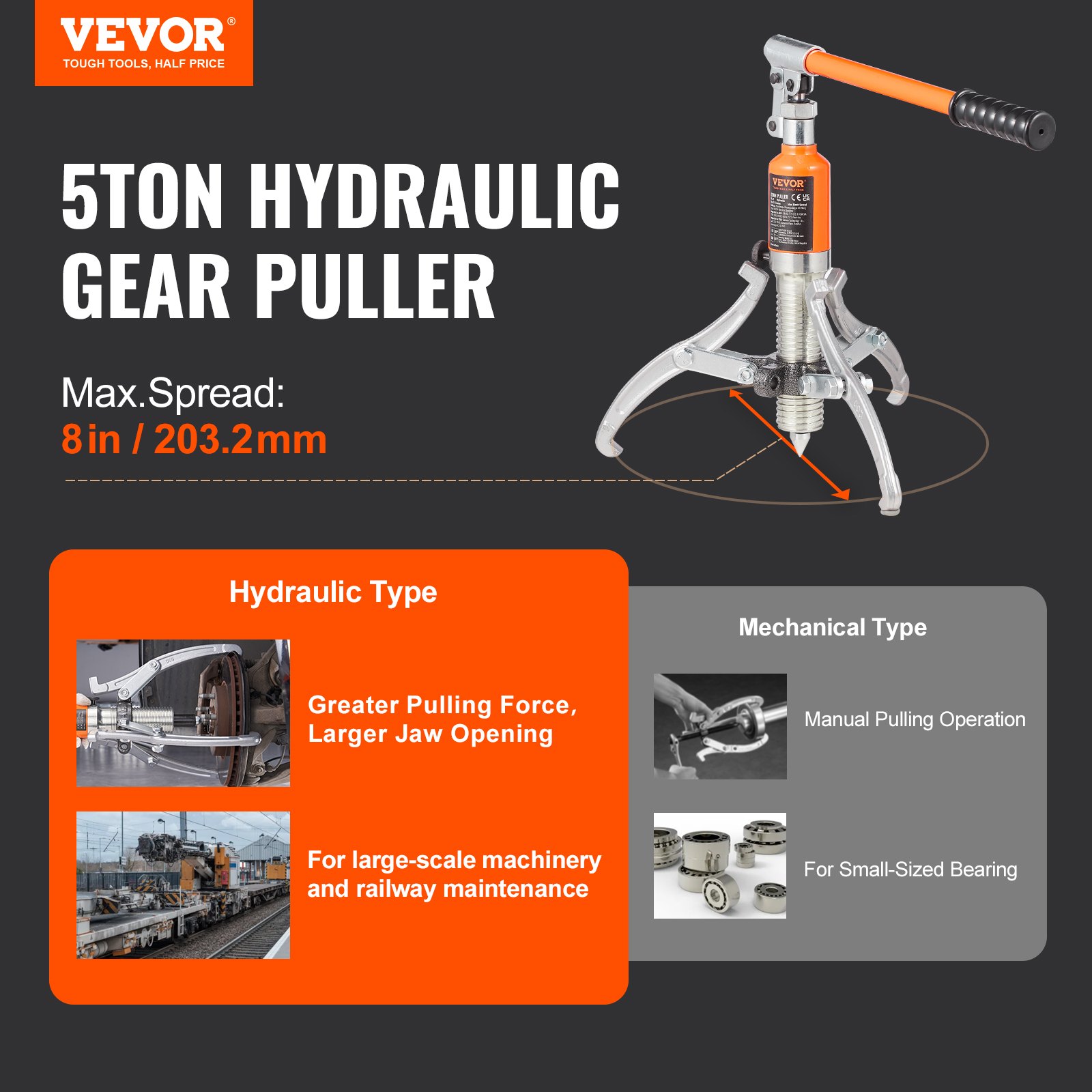 Hydraulic Gear Puller, 5 Ton Max Capacity Wheel Bearing Pulling Separator, 2 Or 3 Jaws Puller, Vertically And… - 3