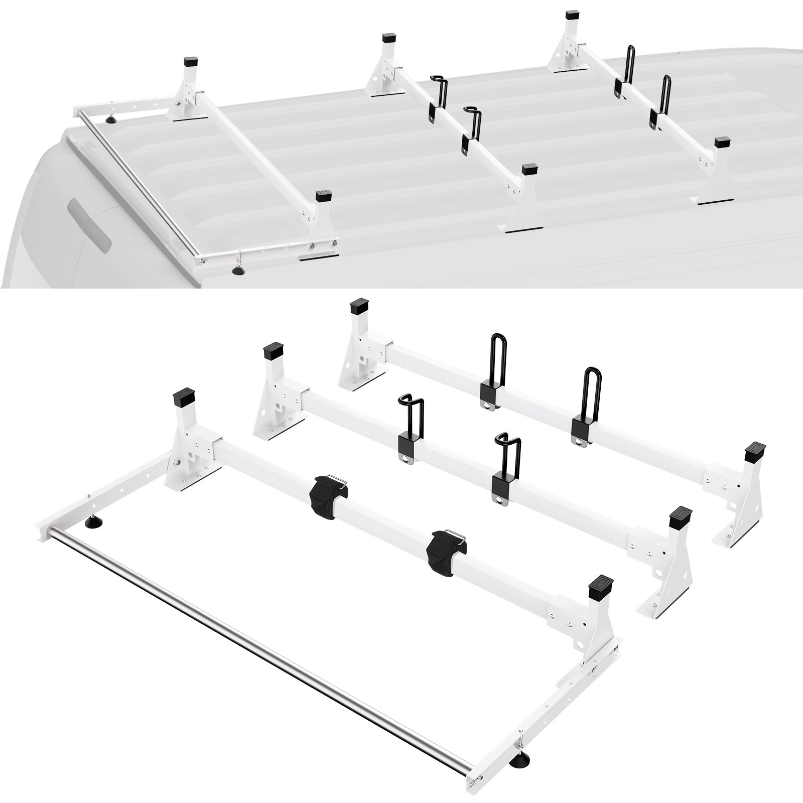 Trailer Ladder Rack, 54" 3 Crossbars Ladder Roof Rack, Heavy-duty Steel Van Roof Rack, 800 Lbs Capacity Van Ladder Rack With Cargo Roller And Straps, Fit For Ford Transit 150 250 350, 2015-2022