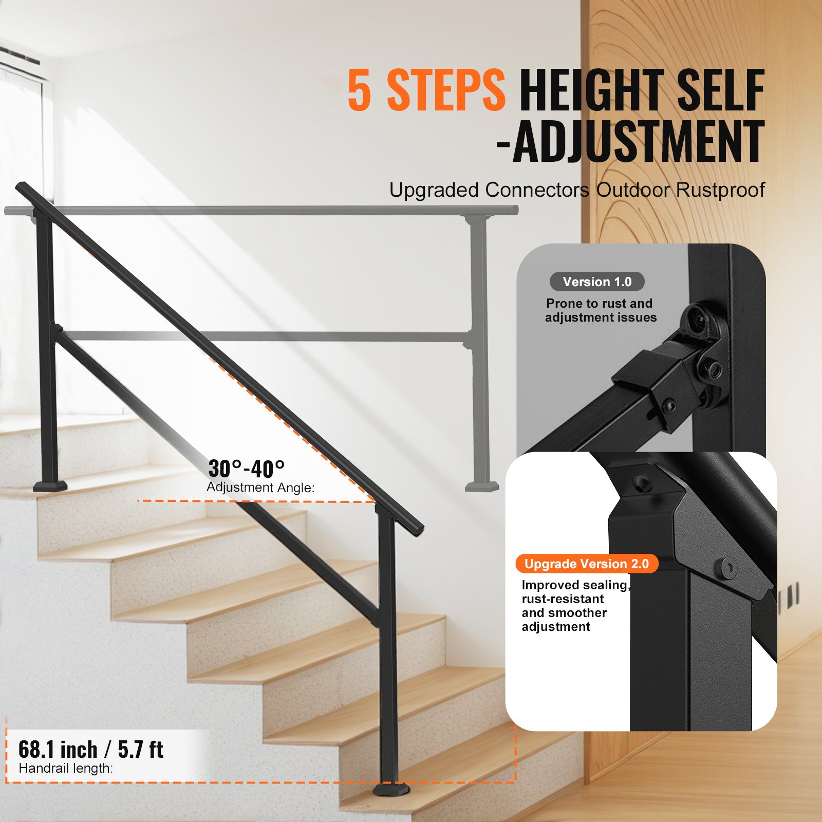 Handrails For Outdoor Steps, 5 Step Stair Hand Rail Kit, Transitional Carbon Steel Railings With Installation Kit,… - 4