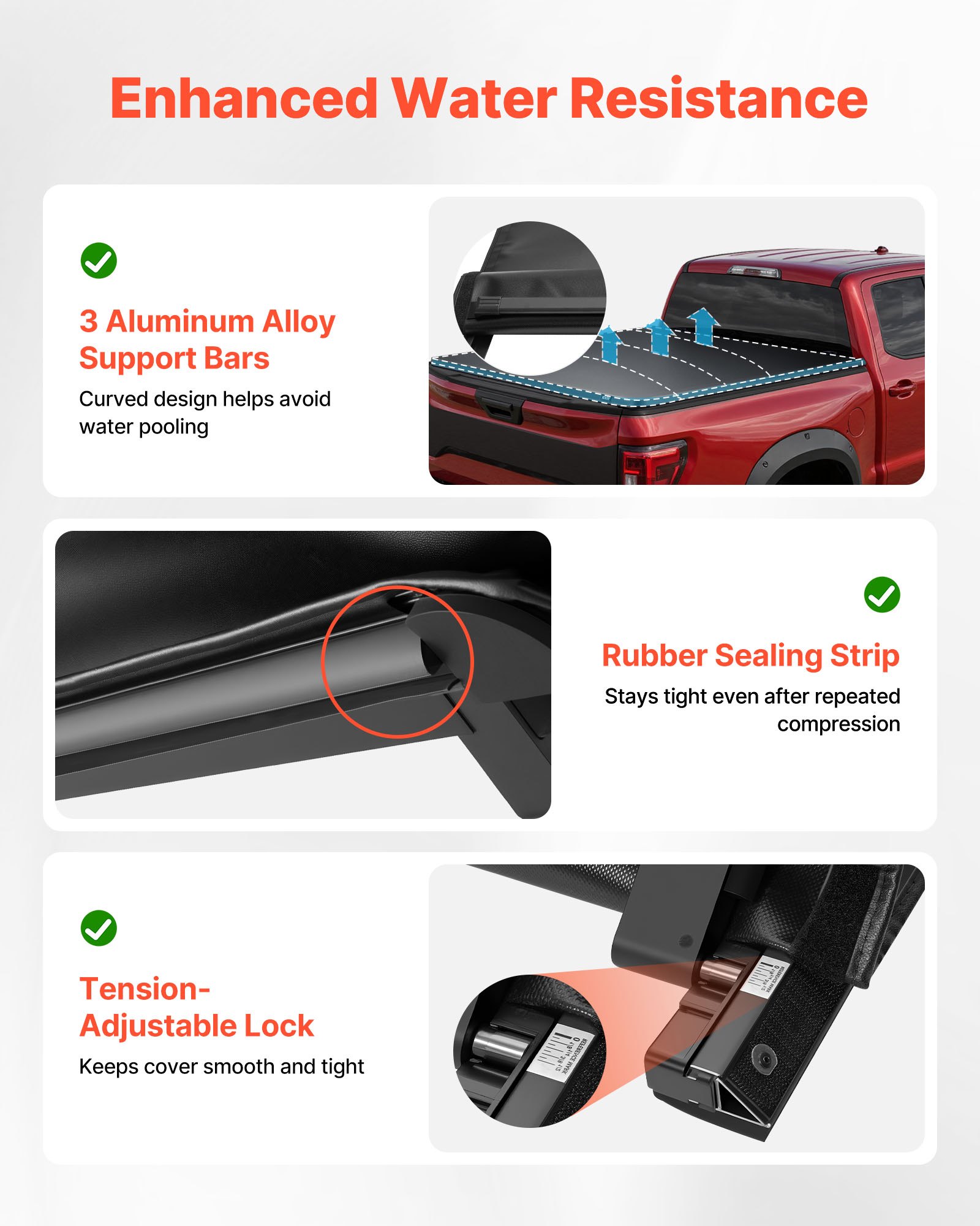 Close-up of aluminum alloy cross-support bars on Vevor tonneau cover for Silverado Sierra 2500 3500 HD