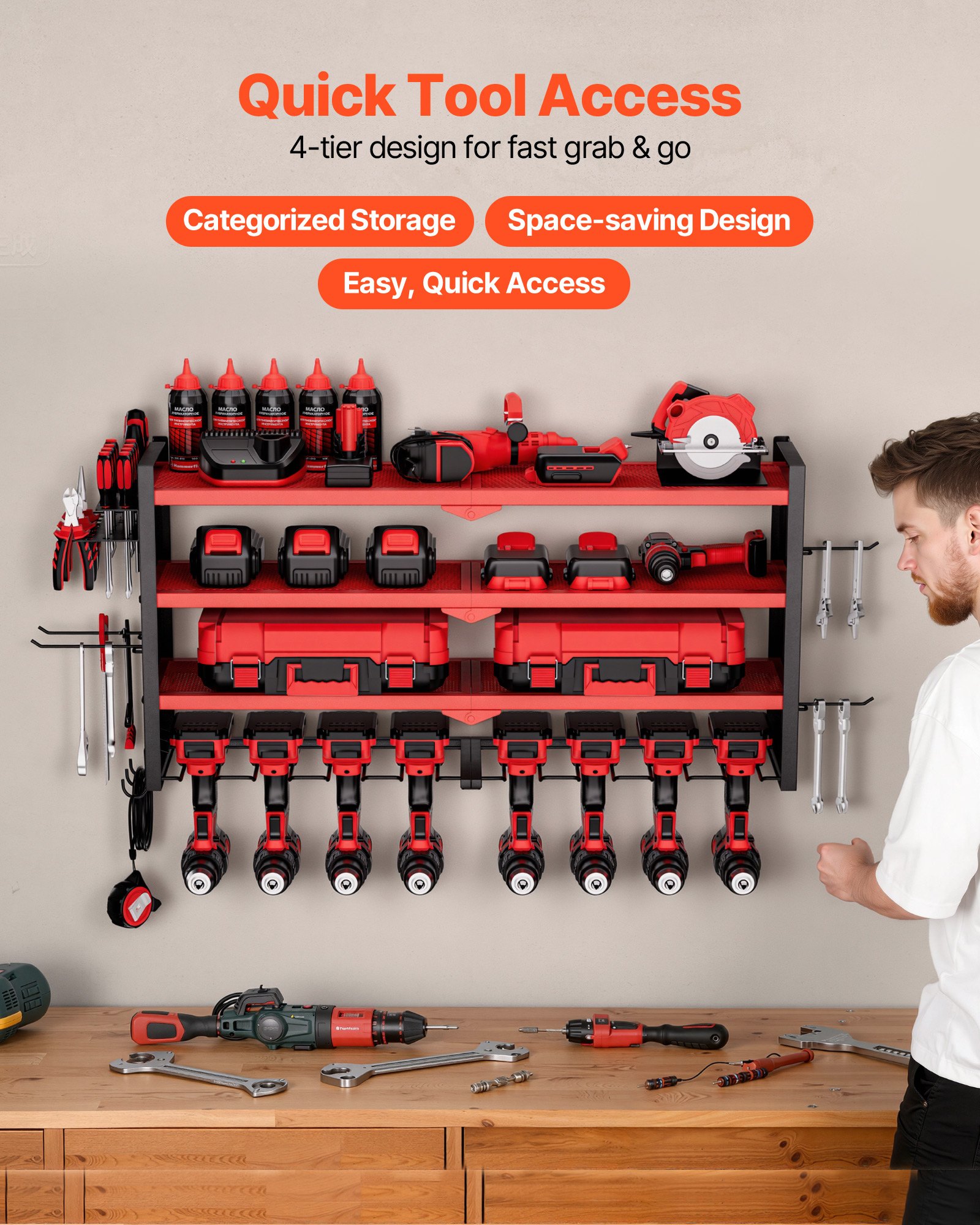 Power Tool Organizer Wall Mount, 4-Layer Storage Rack With 8 Drill Holders, Tools Holder And Storage Rack With Side… - 2