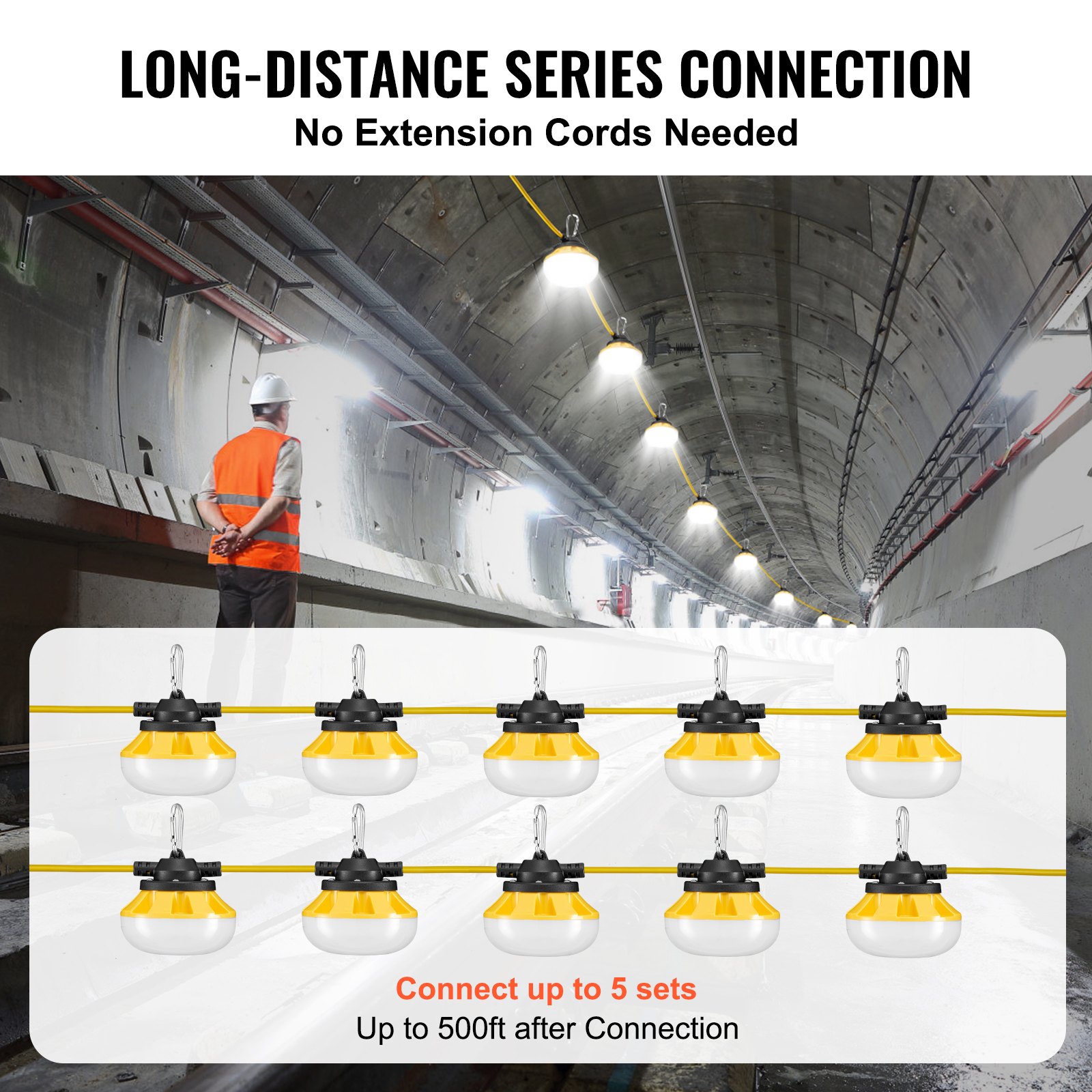100FT Construction String Lights, 100W 10000LM, 10PCs String Work Light, 5000K, IP65 Waterproof, With Hanging Hooks,… - 6