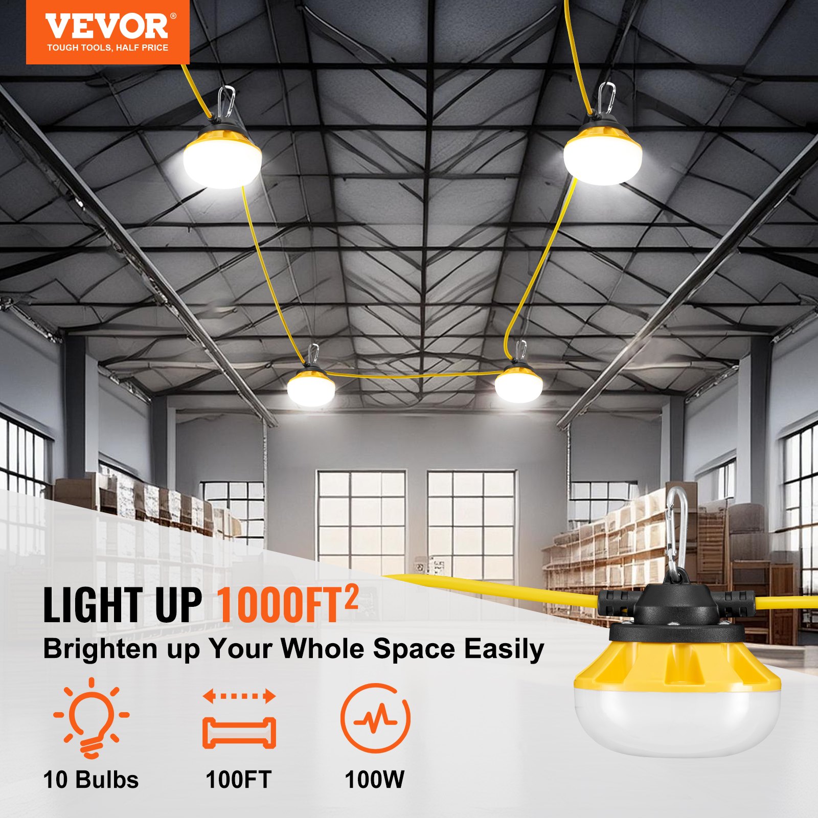 100FT Construction String Lights, 100W 10000LM, 10PCs String Work Light, 5000K, IP65 Waterproof, With Hanging Hooks,… - 3