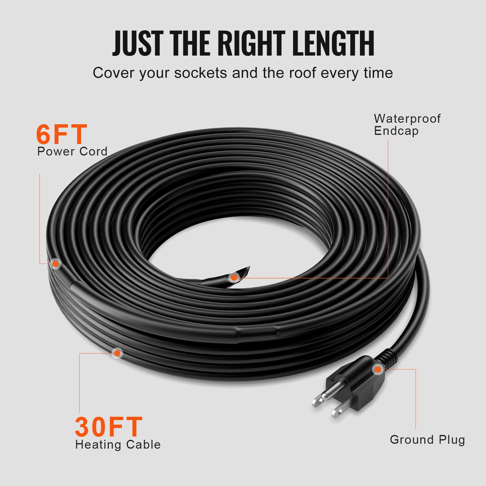 Self-Regulating Pipe Heating Cable, 30FT 5W/FT Heat Tape For Pipes, Roof Snow Melting De-icing, Gutter And Pipe Freeze Protection 5