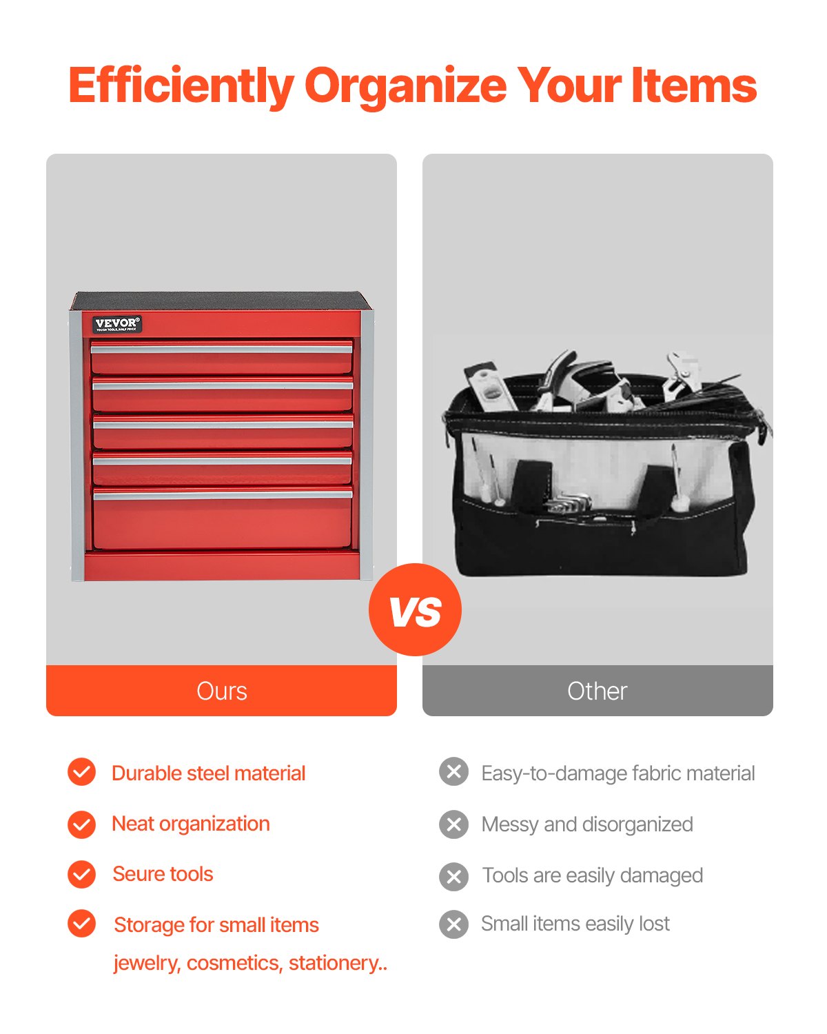 Metal Tool Box, 8.6-inch, Portable Metal Tool Box With 5 Drawers, Small Tool Chest With EVA Liners And PP Feet Pads, Heavy-Duty Steel With Ball Bearing Opening And Powder Coated Finish, Red image 3