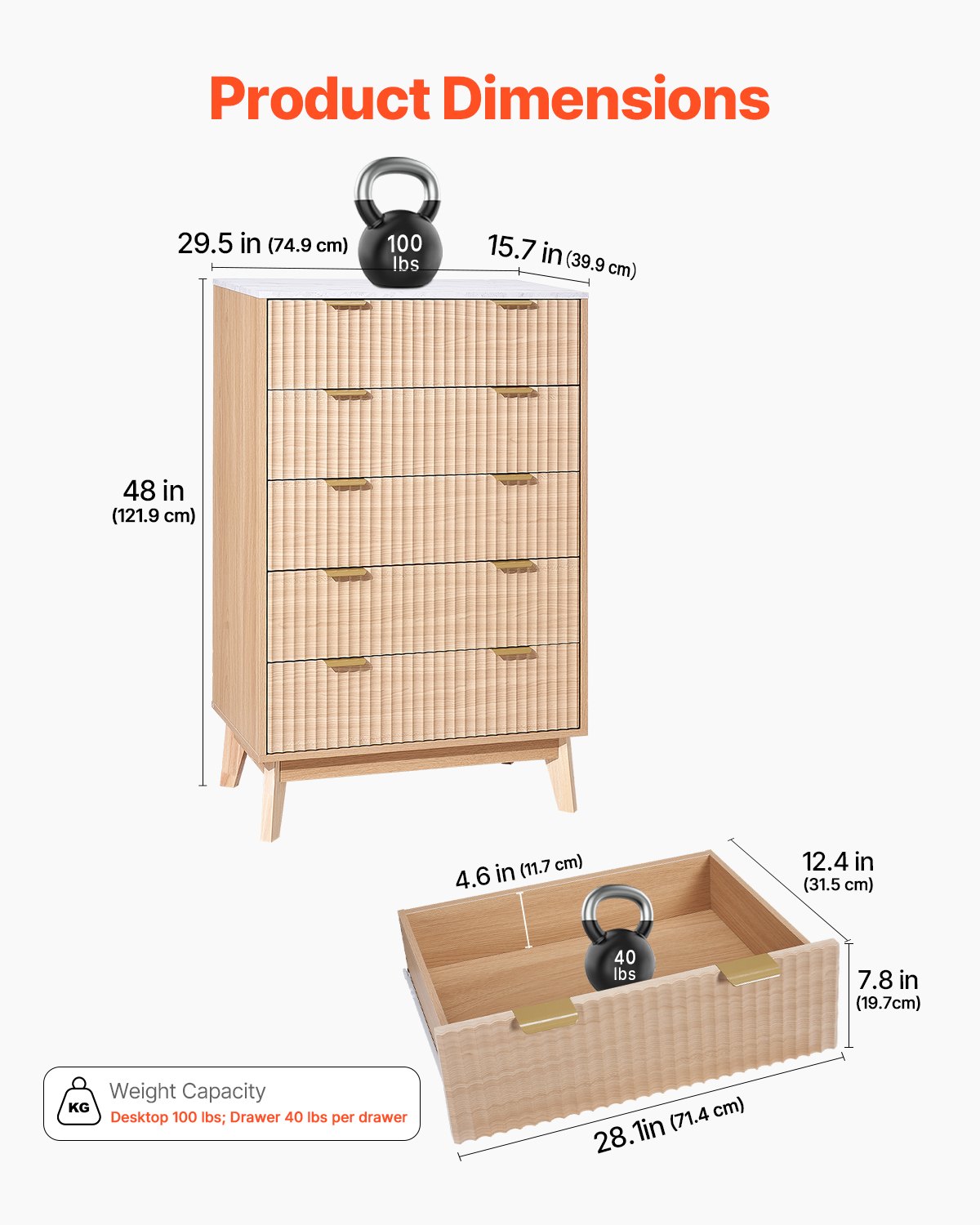 5 Fluted Drawer Dresser — Wooden Chest of Drawers with Sliding — photo 3