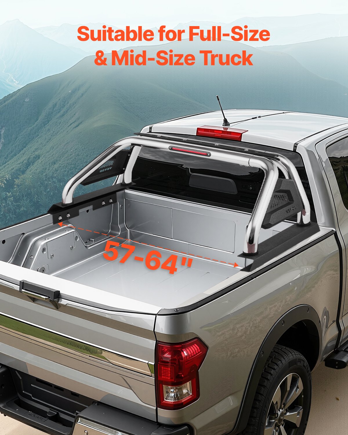Adjustable stainless steel sport bar chase rack on Ford F-150 truck bed showing width expansion hardware