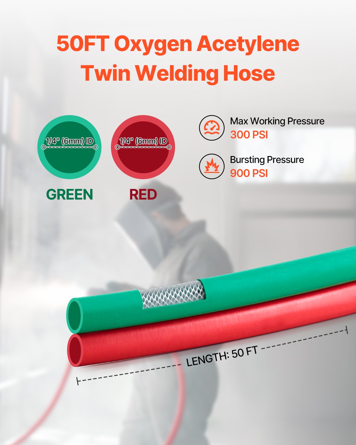 Oxygen Acetylene Hose, 1/4-Inch X 50FT Oxy Acetylene Hose With 9/16"-18 LH/RH B Fittings, R Grade Welding Torch Twin Hose With 300PSI Maximum Working Pressure For Cutting Soldering Brazing