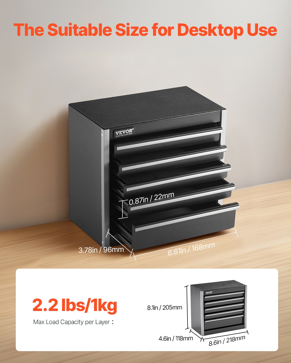 Metal Tool Box, 8.6-inch, Portable Metal Tool Box With 5 Drawers, Small Tool Chest With EVA Liners And PP Feet Pads, Heavy-Duty Steel With Ball Bearing Opening And Powder Coated Finish, Black image 2