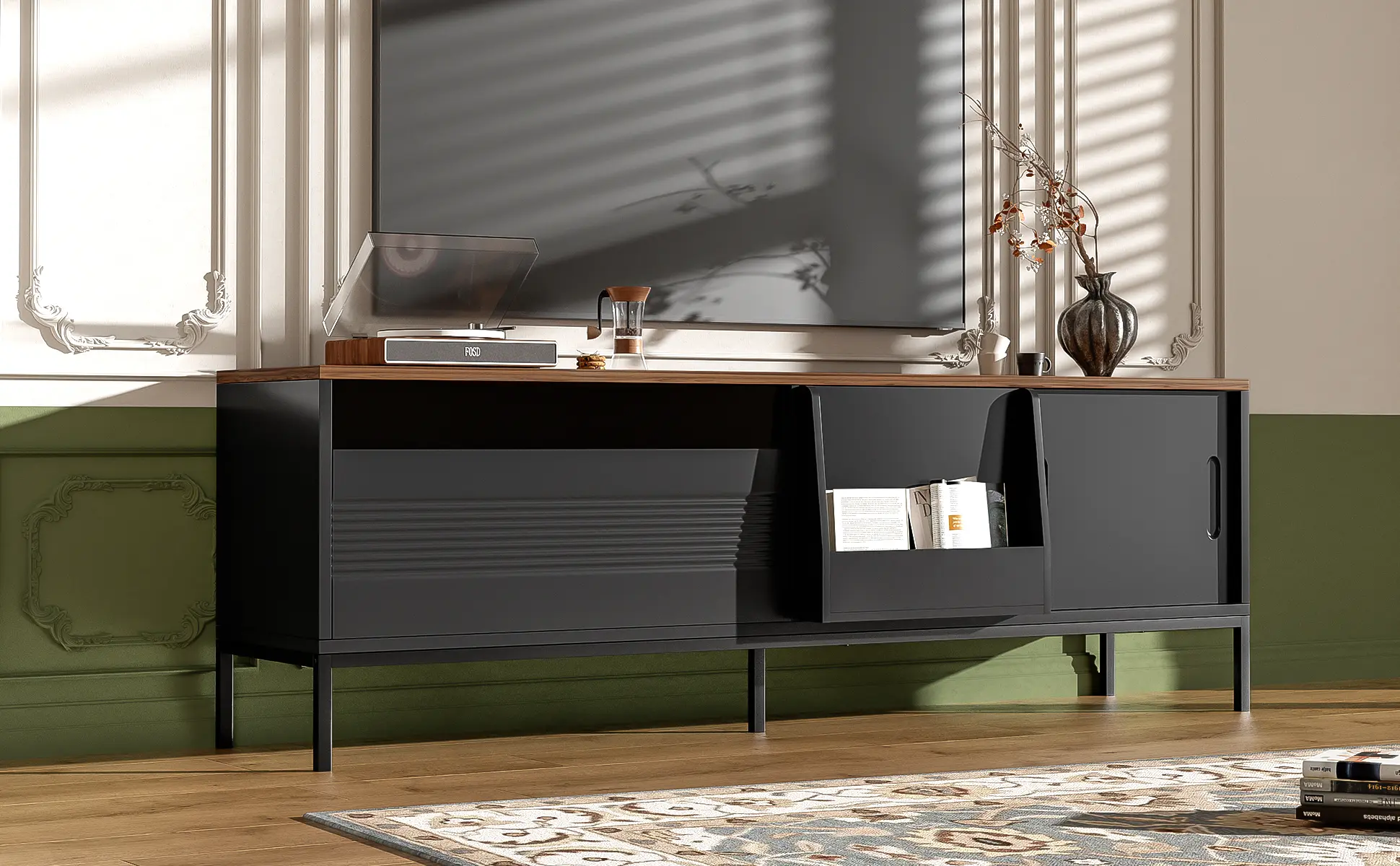 U-Can 70.8'' Modern TV Stand For TVs Up To 75 Inches, Entertainment Center With Storage Space, Sliding Doors, Adjustable Shelves And Metal Frame, Mid Century Mo