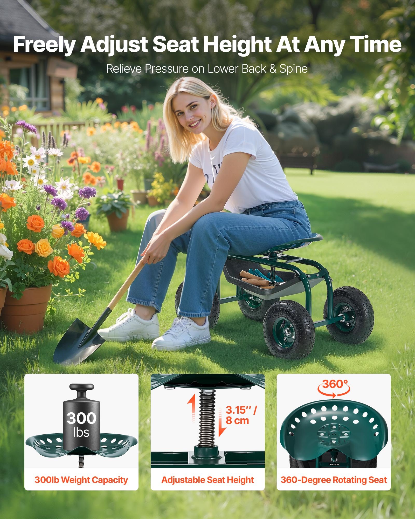 VEVOR Rolling Garden Cart With Swivel Seat, Heavy Duty Garden Seat With Storage Basket & Tool Tray, Weight Capacity,… - 3