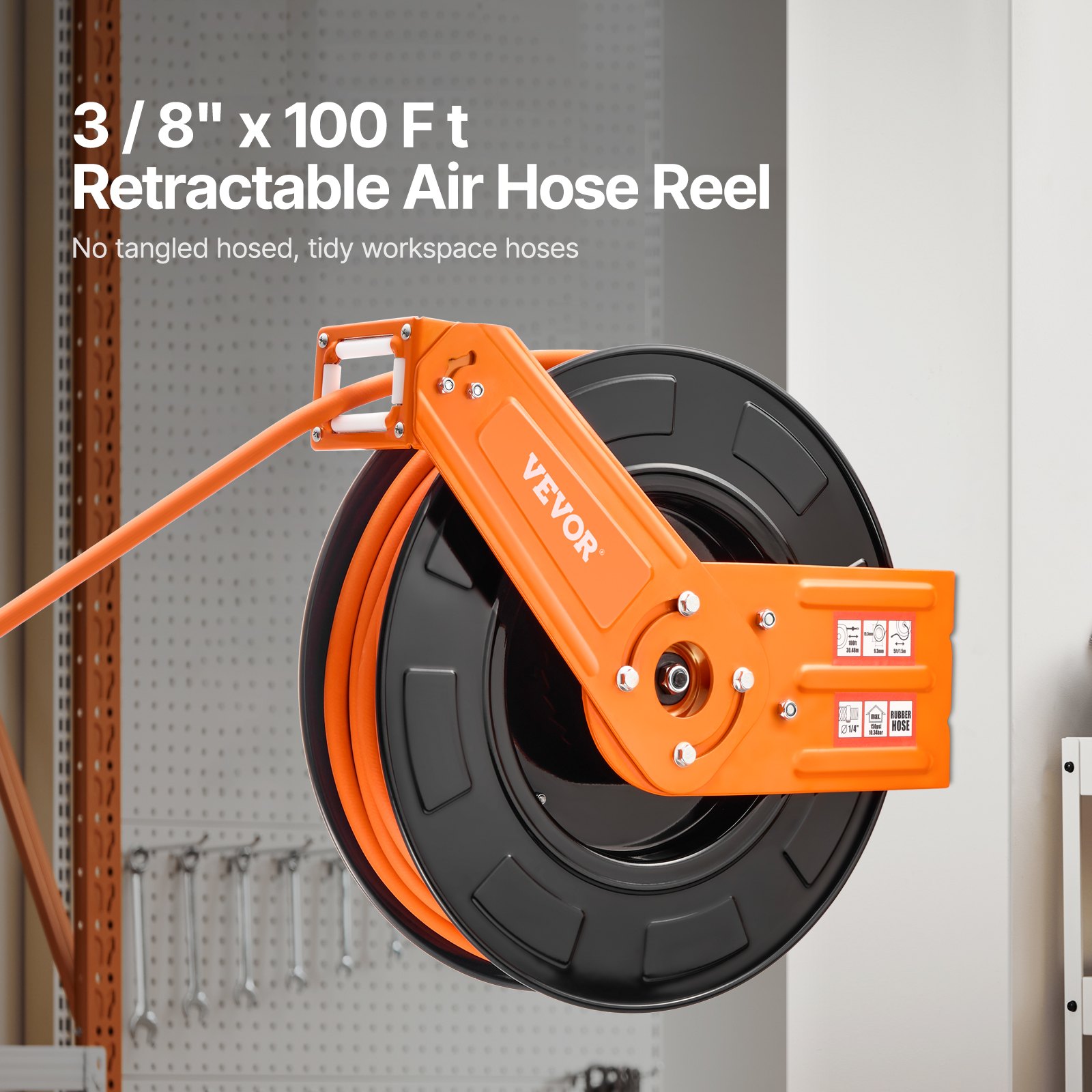 Retractable Air Hose Reel, 3/8IN X 100FT Rubber Air Hose Max 300PSI, Air Compressor Hose Reel Auto-Rewind With 5FT Lead In, Ceiling/Wall Mount Heavy Duty Single Arm Steel Reel, 1/4" NPT Fitting