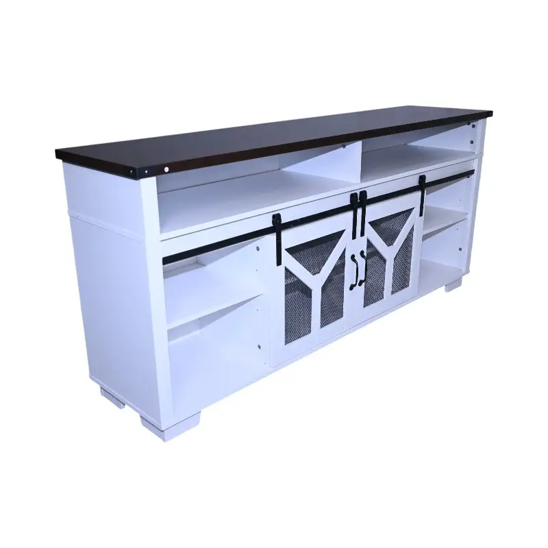 65.3 TV Stand With LED Light Strips And Iron Mesh Barn Door Y Decorative Strip White  Black Walnut Color Top Farmhouse