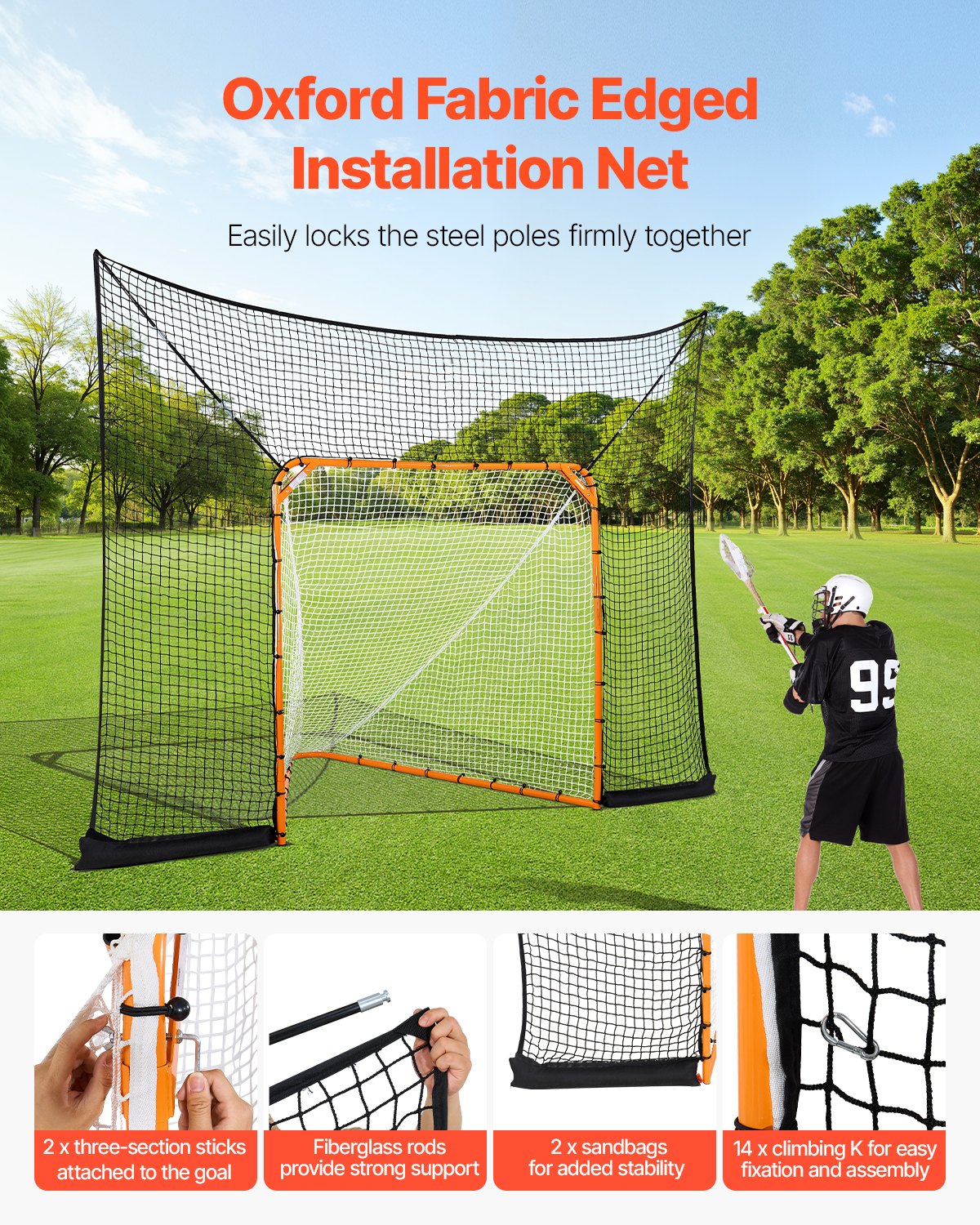 Hockey And Lacrosse Goal Backstop, 12x9 Ft Lacrosse Net With Extended Coverage, Quick Easy Setup Complete Accessories Training Net, Backyard Lacrosse Equipment, For Youth Adult (NET ONLY)