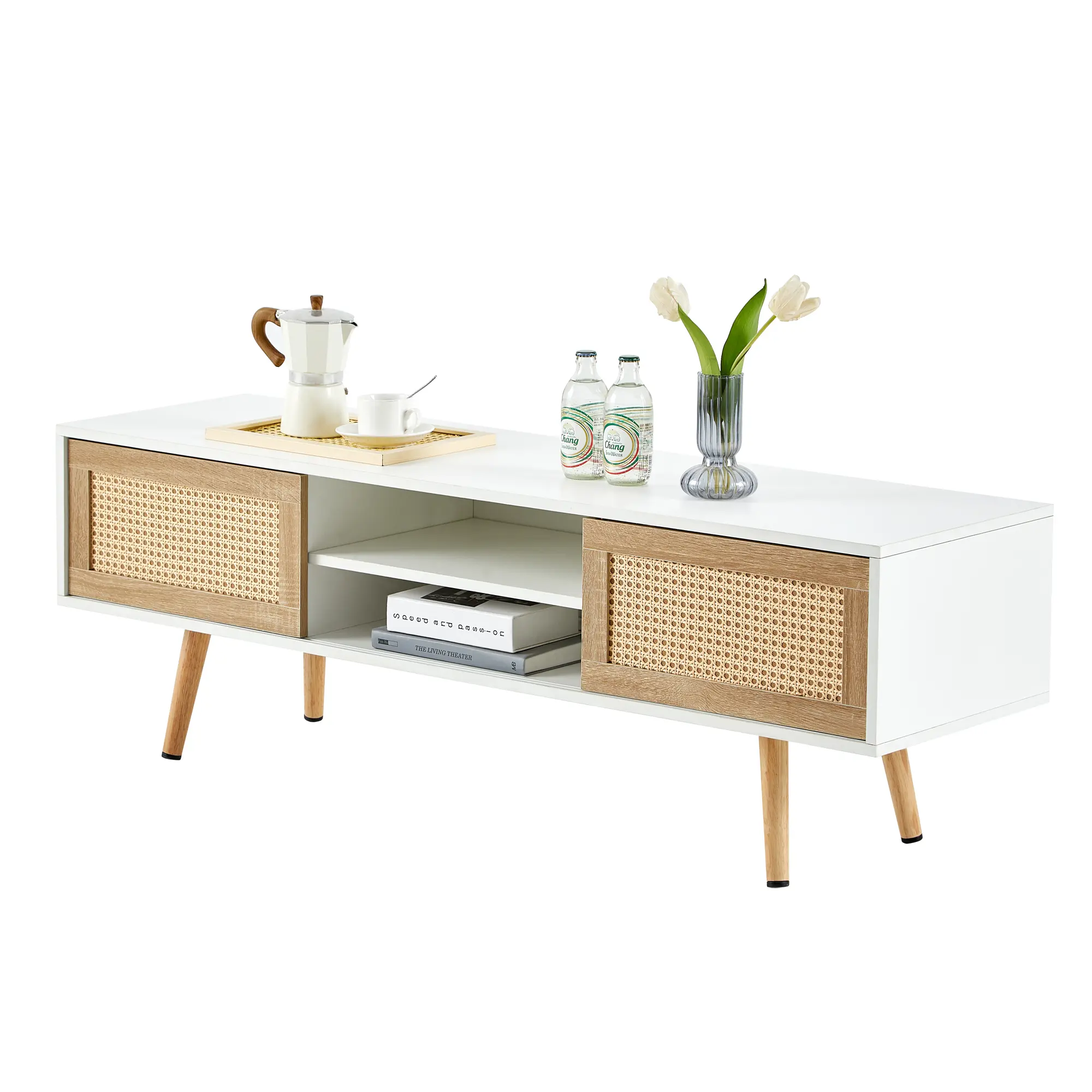 55.12 Rattan TV Cabinet, Double Sliding Doors For Storage, Adjustable Shelf, Solid Wood Legs, TV Console For Living Room , White