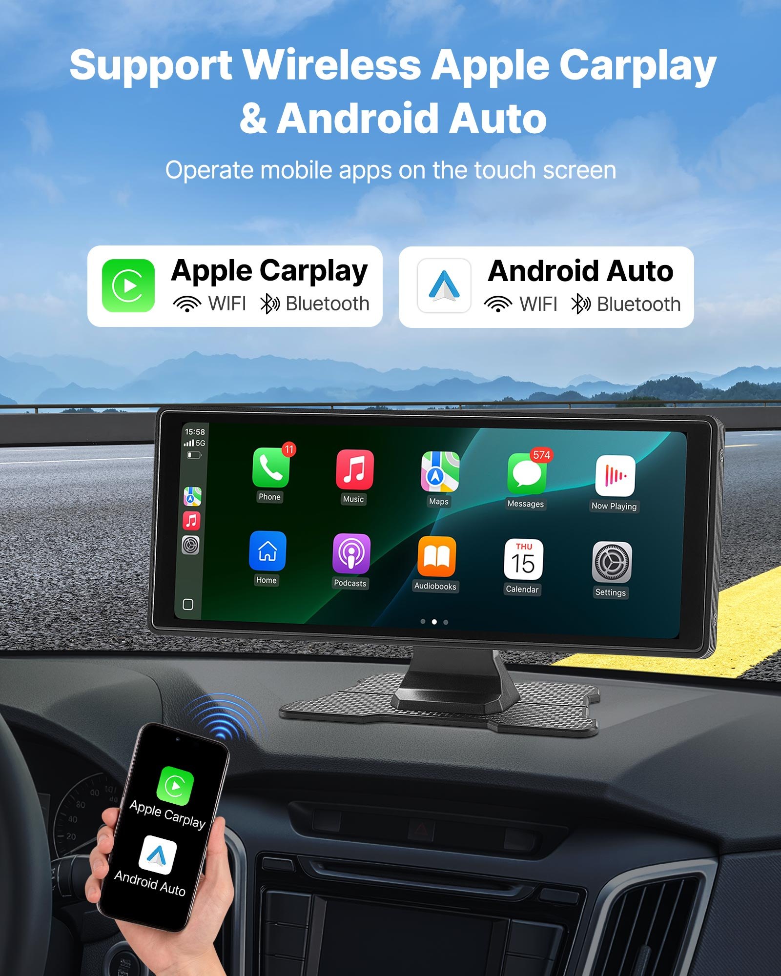 Wireless Car Stereo, 10-Inch HD Portable Radio Touch Screen With Apple CarPlay And Android Auto, CarPlay Screen With Front & Backup Cameras, Voice Control, Mirror Link, Bluetooth, GPS Navigation