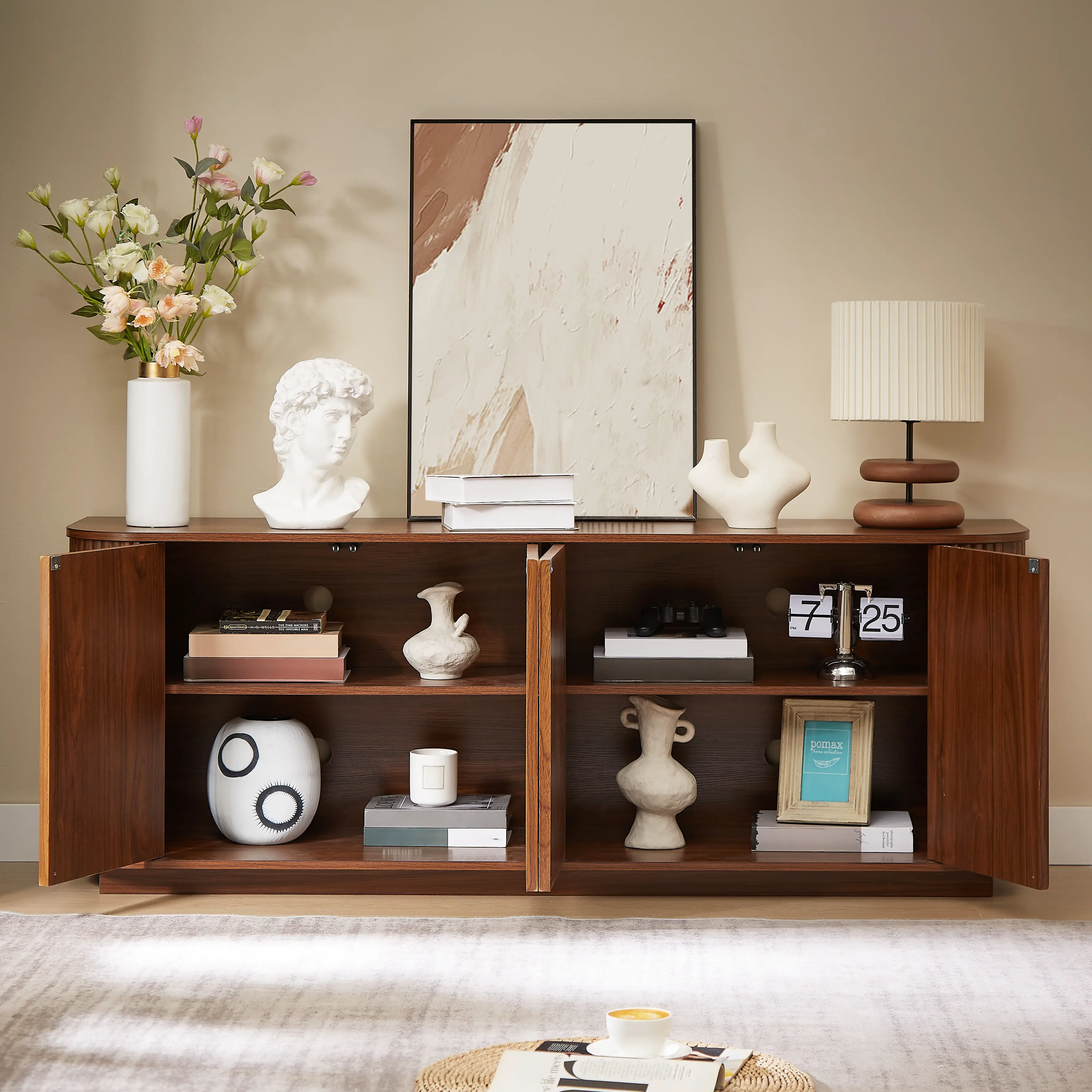 Sideboard Storage Cabinet TV Stand With Wave Pattern Buffet Cabinet Wooden Vertical Striped Cabinet For Kitchen Bedroom Entryway. Walnut, 64W X 15D X 24H.