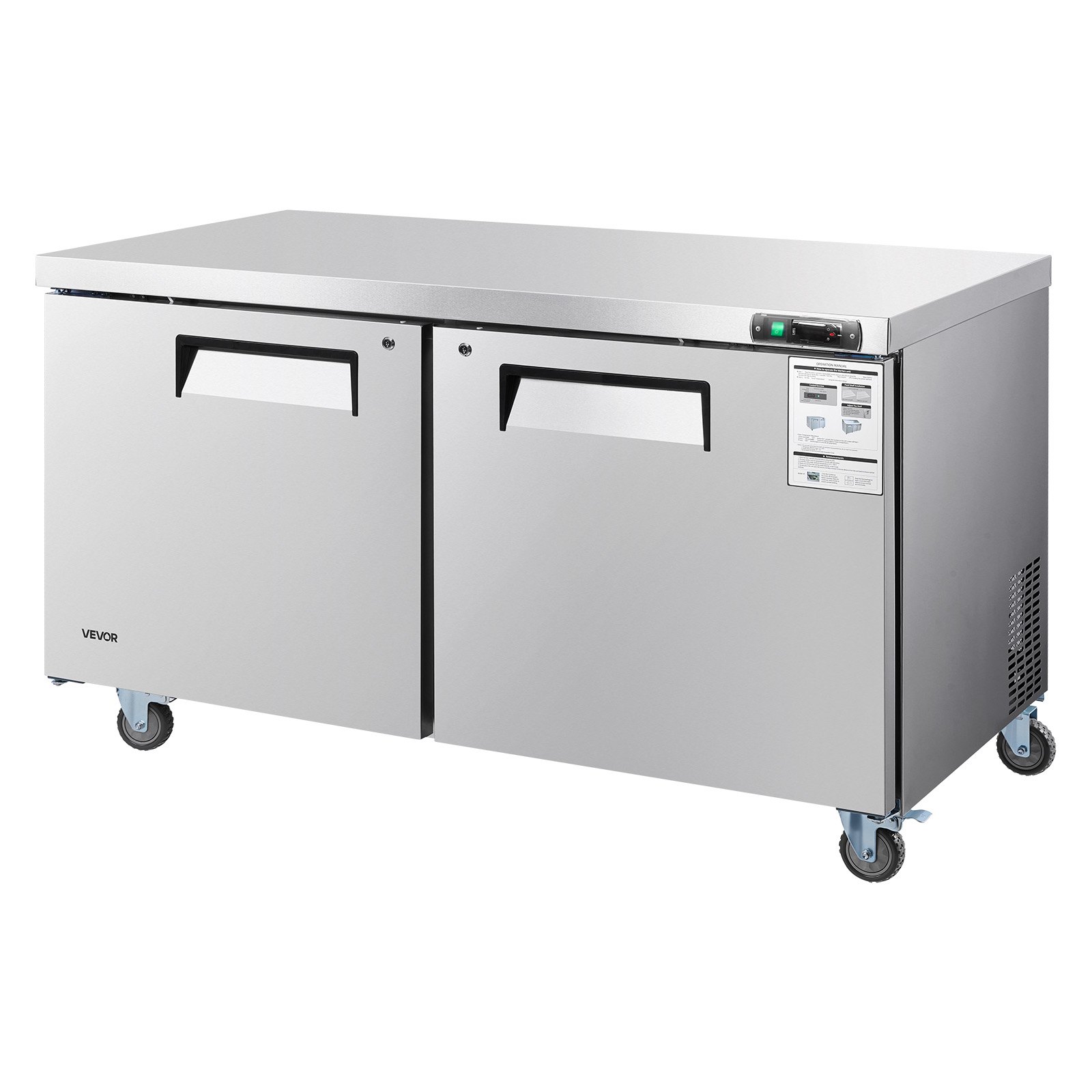 60" W Commercial Freezer, 14.8 Cu.Ft Worktop Freezers Undercounter With LED Auto Lighting And Lockable Door, 2 Doors Food Freezing Prep Worktable, Stainless Steel Prep Frozen Table With Casters - Image 1