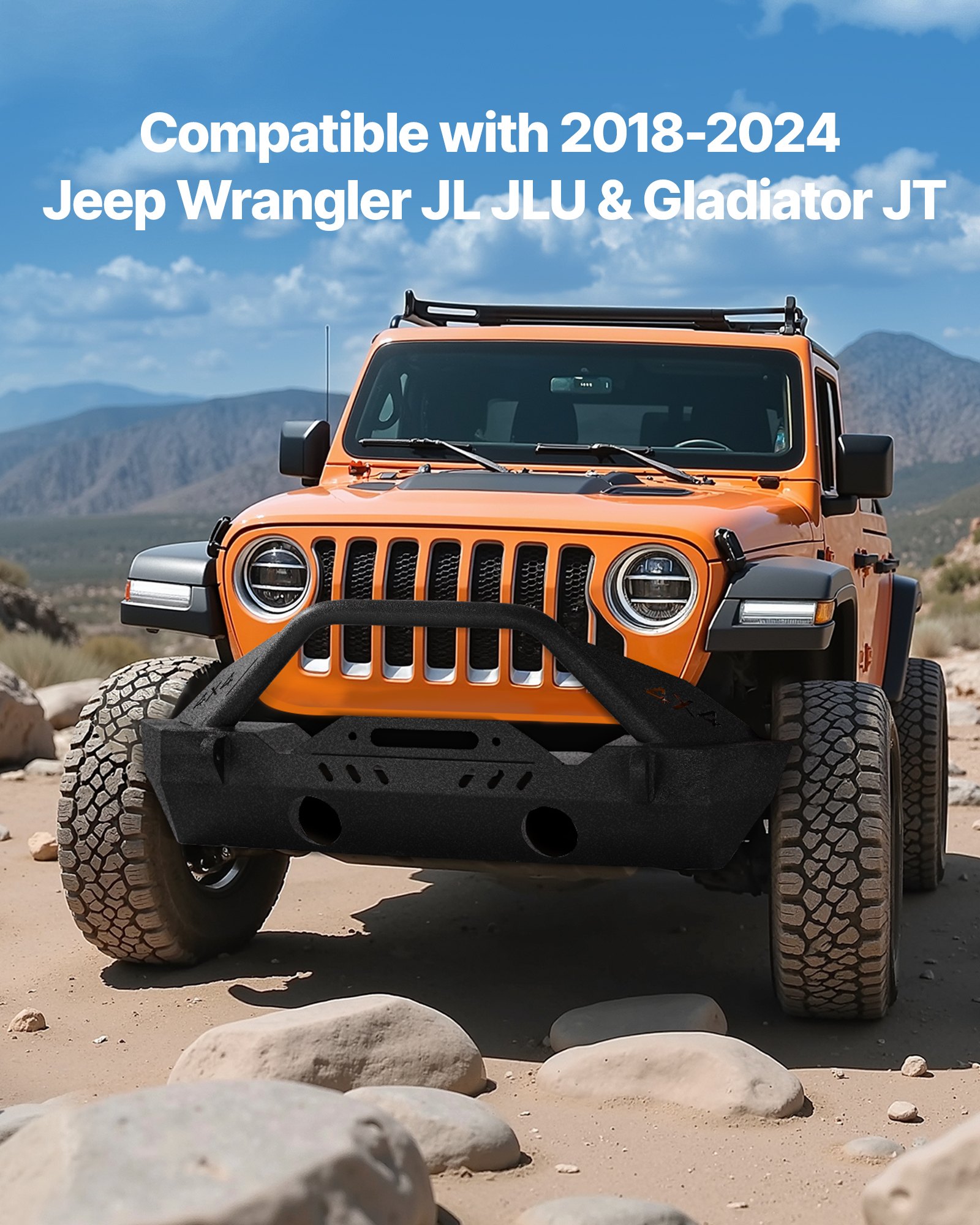 2018-2024 Jeep Wrangler JL steel off-road front bumper showing integrated fog light housing recesses