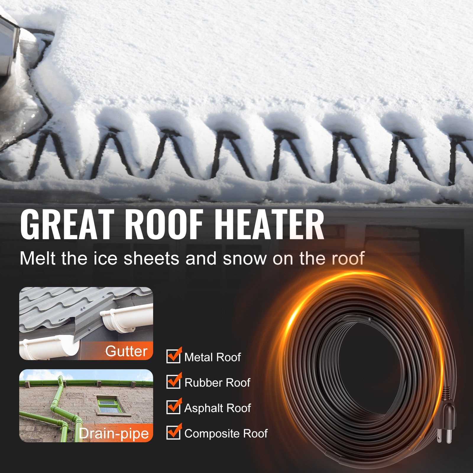 Self-Regulating Pipe Heating Cable, 80FT 5W/FT Heat Tape For Pipes, Roof Snow Melting De-icing, Gutter And Pipe Freeze Protection 4