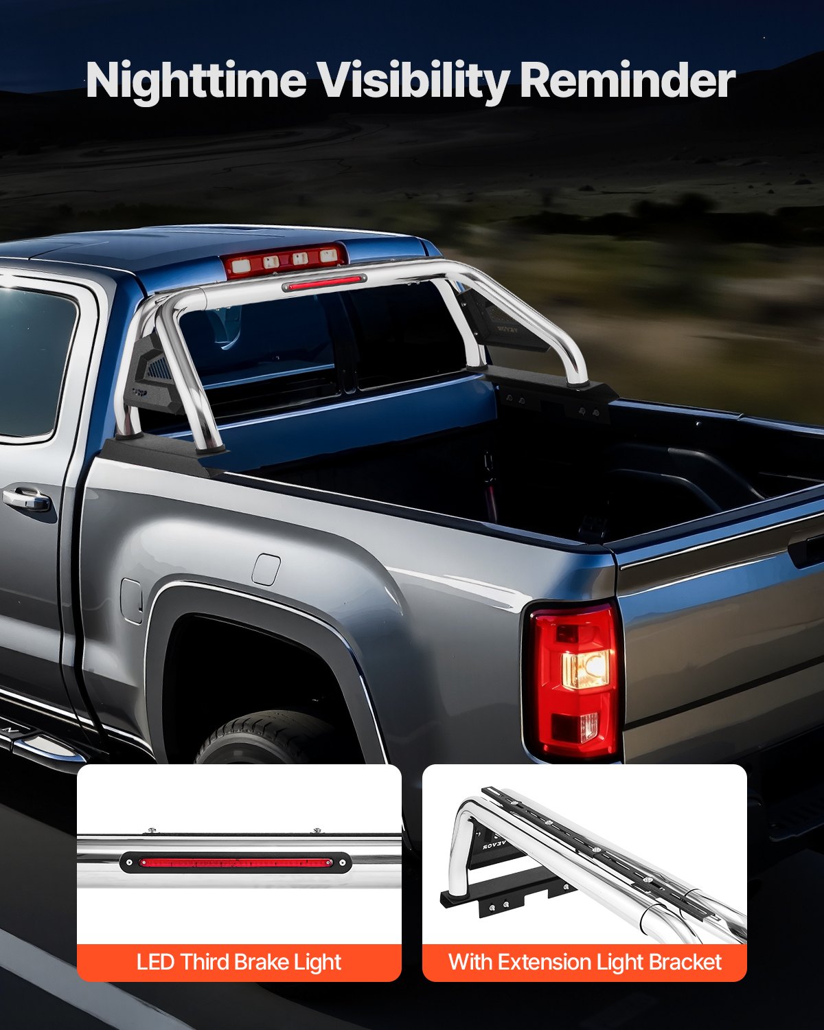 Vevor truck bed sport bar polished stainless steel uprights and black powder-coat carbon steel crossbar detail