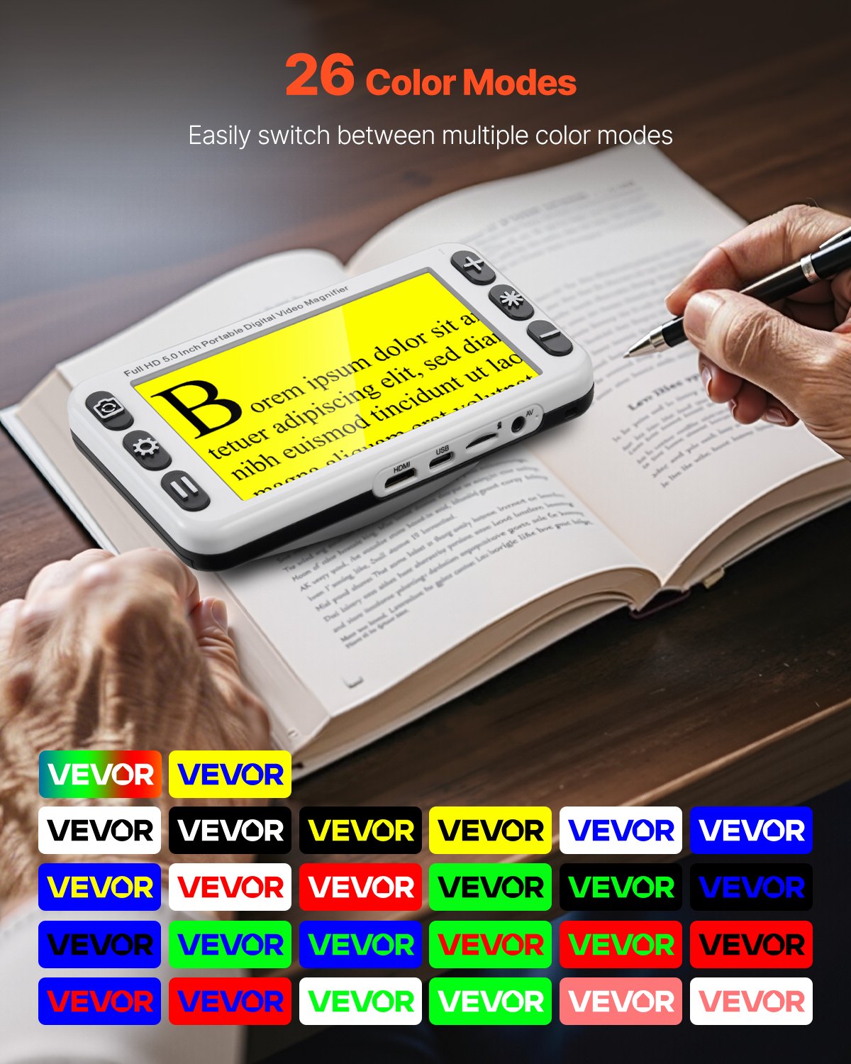 Portable Digital Magnifier, 5-inch HD Electronic Video Magnifier For Low Version, 2X - 48X Electronic Reading Aid With 13MP Near & Far Dual Lens, 26 Color Mode, AV/HDMI Output & Foldable Handle