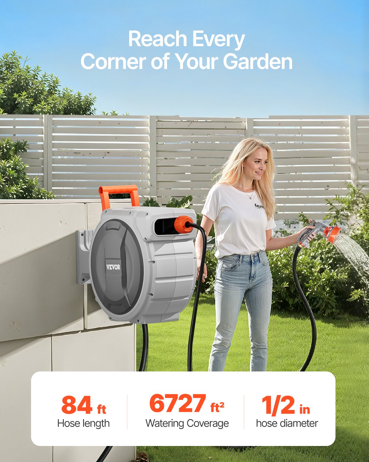 Retractable Garden Hose Reel, 1/2 Inch X 84 Ft Wall Mounted Hose Reel, Heavy Duty Garden Hose Reel With 9 Patterns Nozzle, Any Length Lock, Upgraded Slow Return System And 180°Swivel Bracket image 2