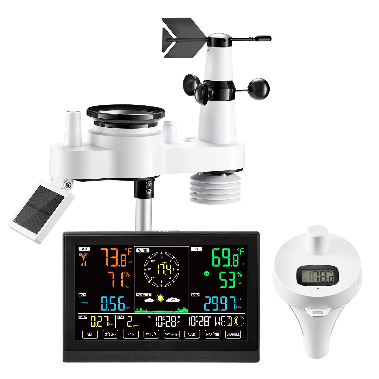7-in-1 Wi-Fi Weather Station With APP, 7.5 In Display, Wireless Solar Powered Outdoor Sensor, With Pool Thermometer, Rain Gauge, Indoor Outdoor For Weather Forecast, Wind Speed, Pool Temperature
