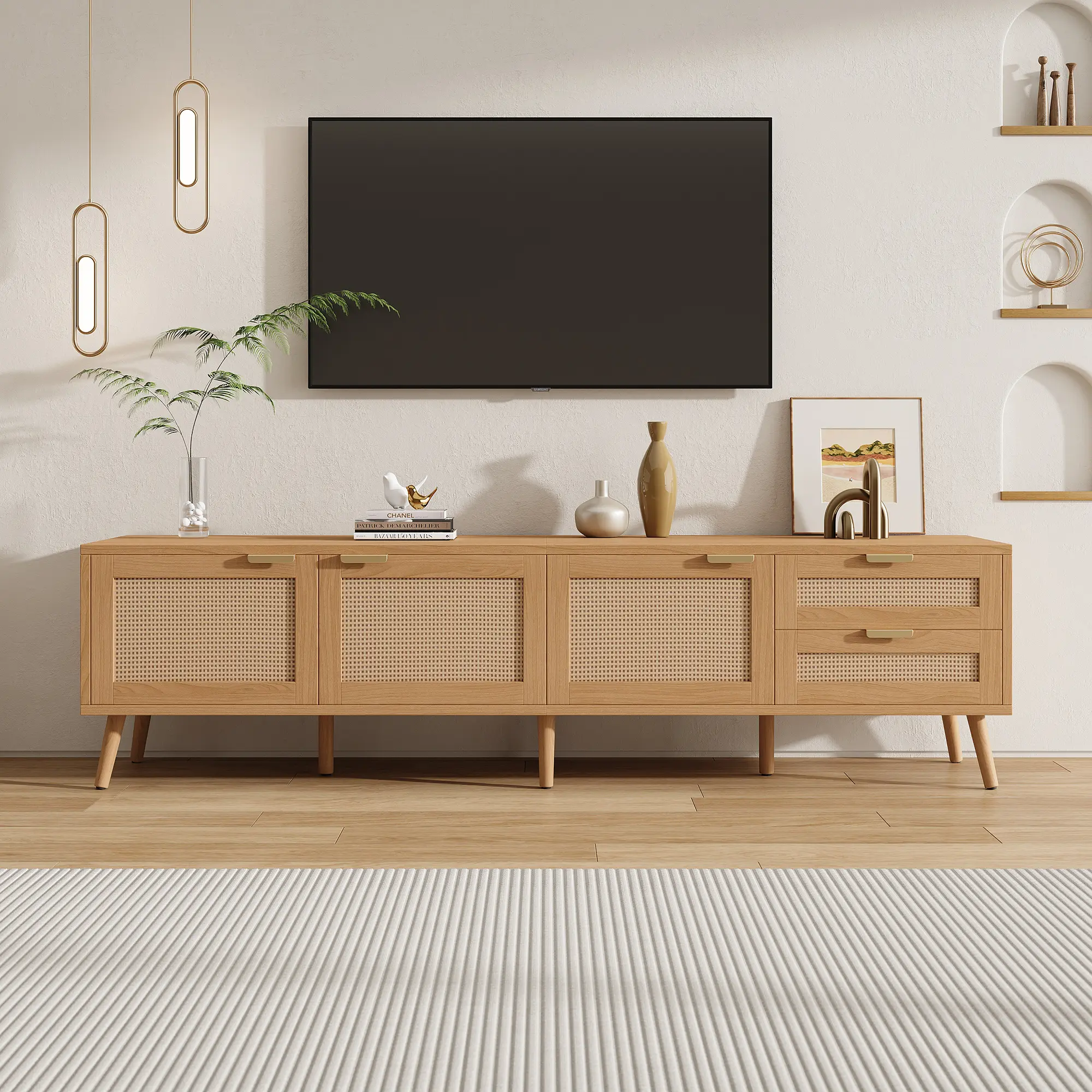 70inch Modern TV Stand With Rattan Doors For TVs Up To 80, Media Console With Storage Space, 2 Drawers & Cable Holes, Entertainment Center For Living Room