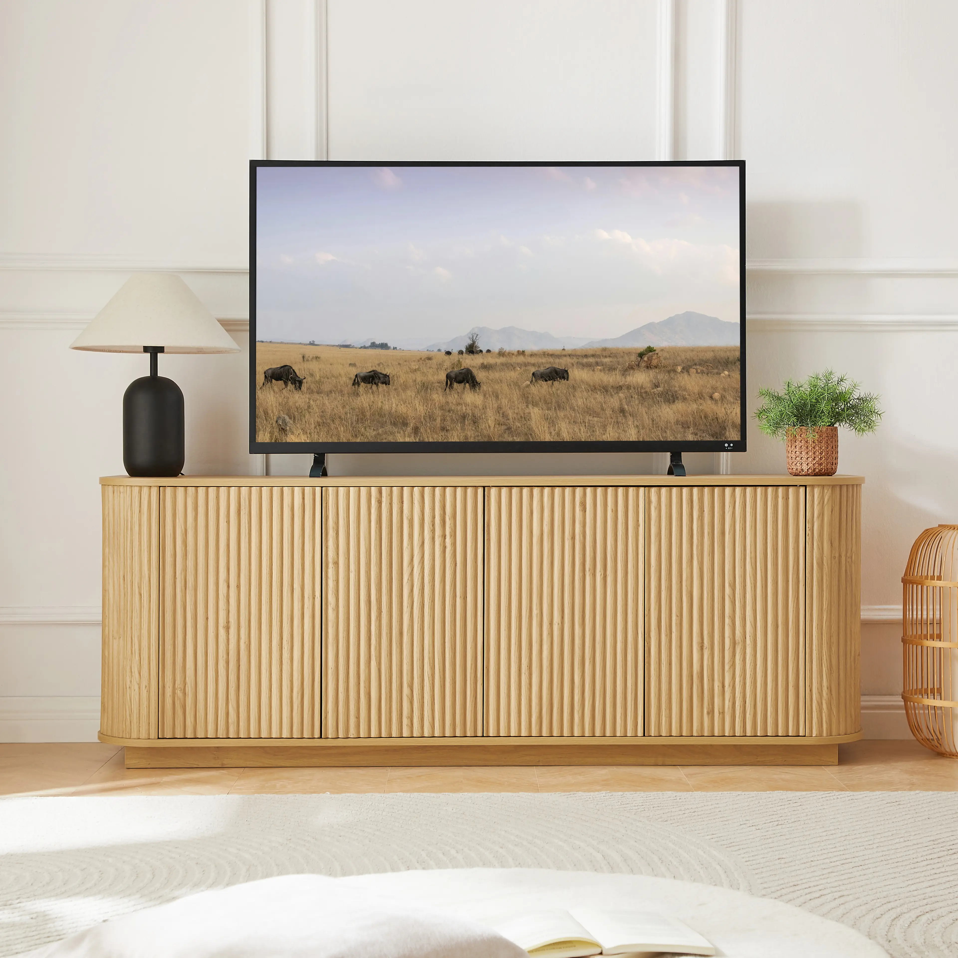 Sideboard Storage Cabinet TV Stand With Wave Pattern Buffet Cabinet Wooden Vertical Striped Cabinet For Kitchen Bedroom Entryway. Natural, 64W X 15D X 24H.