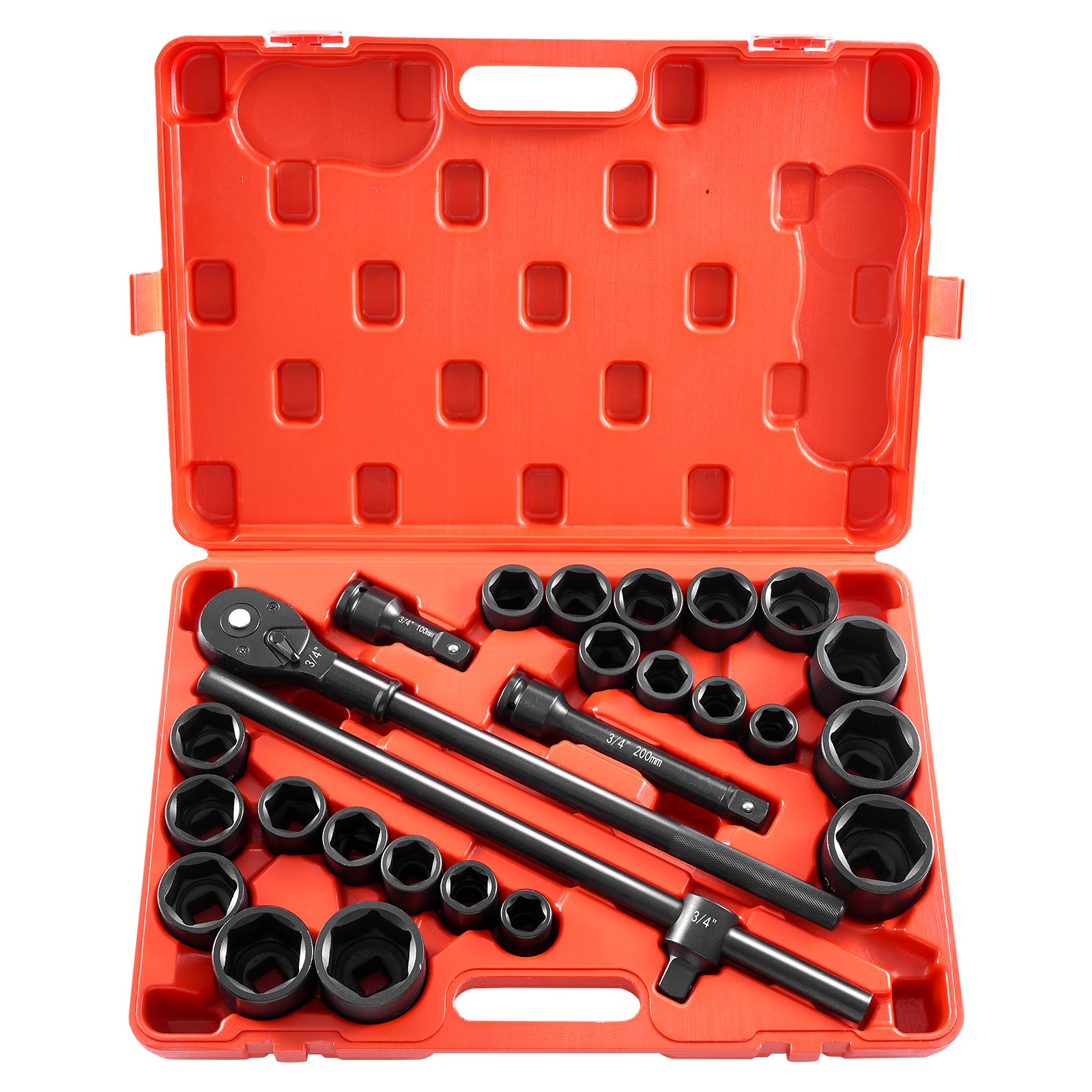 3/4 In Drive Impact Socket Set, 27 Pieces SAE 7/8 In To 2 In And Metric 22 Mm To 50 Mm, 6 Point Cr-V Alloy Steel For Auto Repair, Includes Extension Bars, Ratchet Handle And Storage Case - Image 1