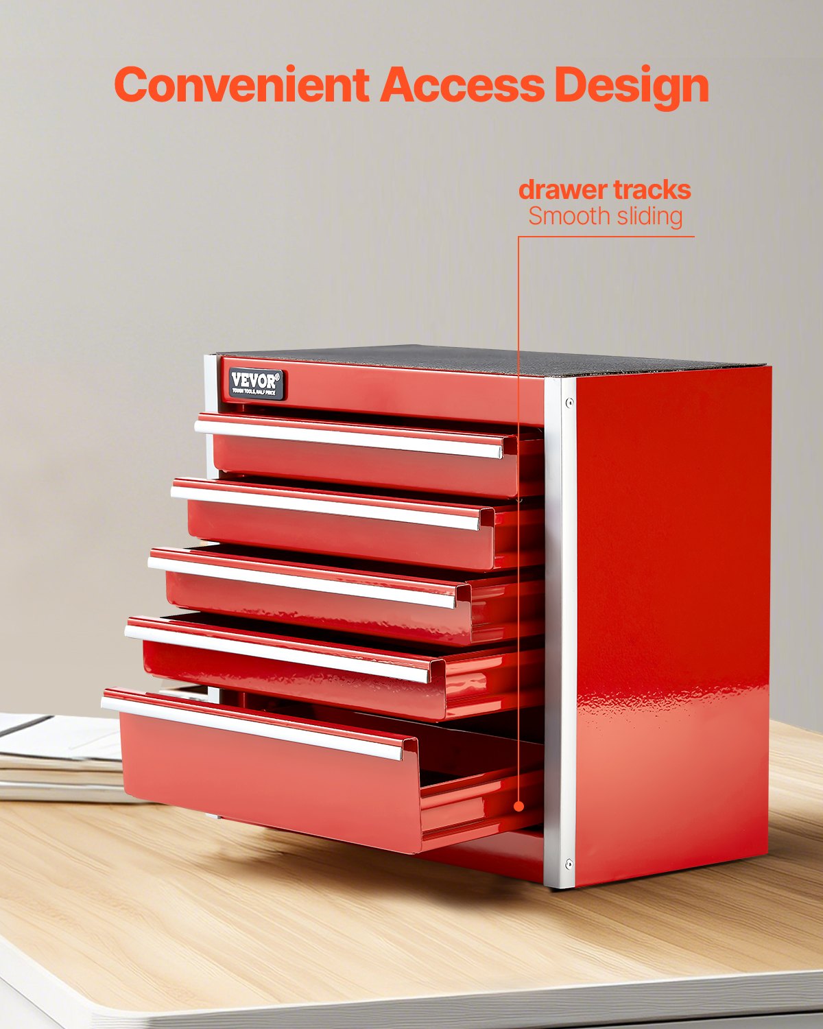 Metal Tool Box, 8.6-inch, Portable Metal Tool Box With 5 Drawers, Small Tool Chest With EVA Liners And PP Feet Pads, Heavy-Duty Steel With Ball Bearing Opening And Powder Coated Finish, Red image 4