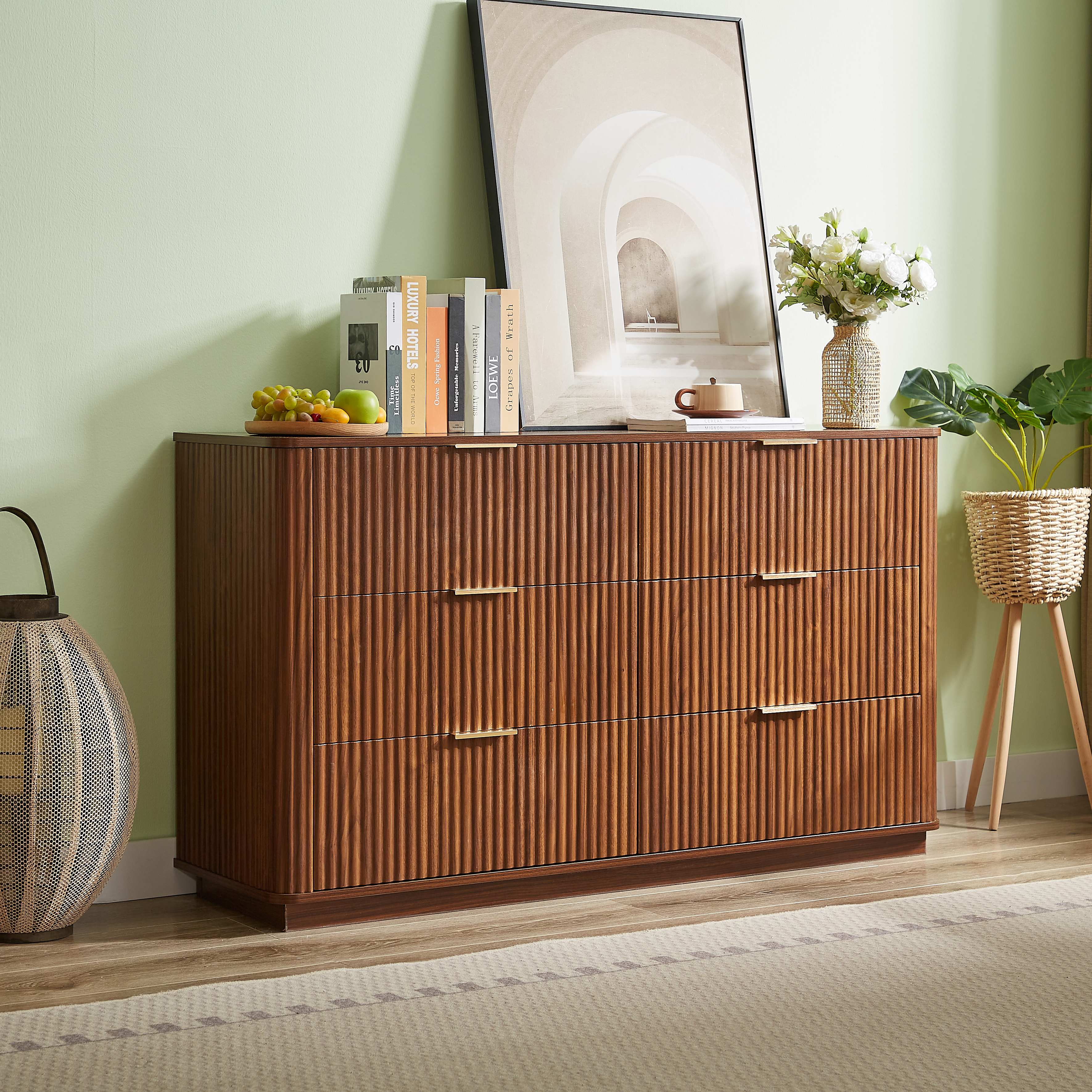 6 Drawers Dresser,55 Wide Modern Chest Of Drawers Curved Wave Design, Dresser TV Stand, Wood Drawer Organizer For Bedroom, Living Room, Hallway, Walnut,55.12''W X 15.75''D X 31.5''H. - Image 1