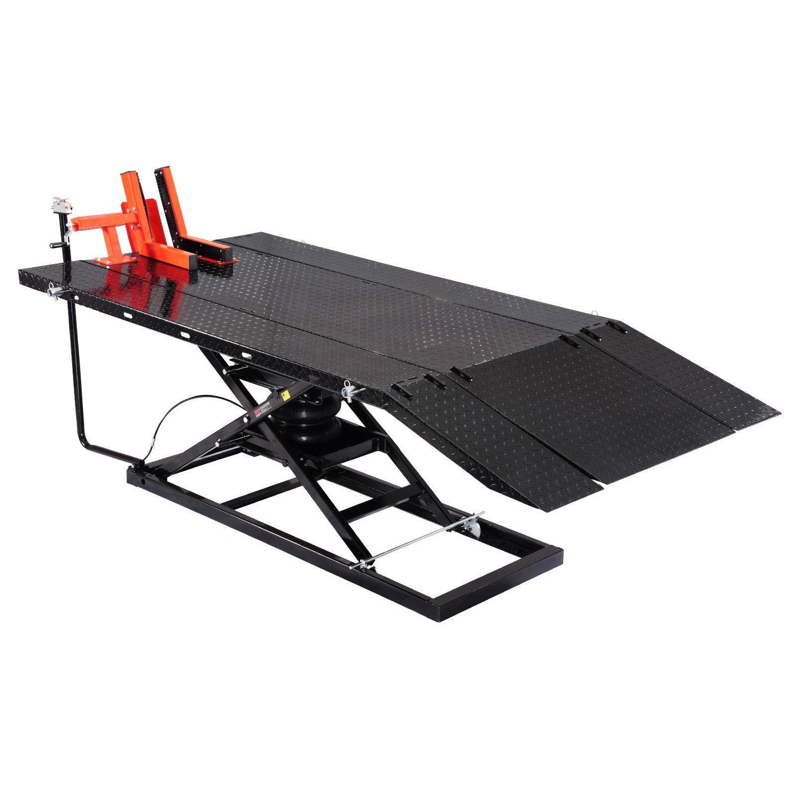 Motorcycle Lift Table, 1500lbs Weight Capacity, Pneumatic Motorcycle Jack, 8.6-31 In Height Range, Heavy Duty Bike Repair Stand With Removable Workbench, Repair Platform For ATVs, Dirt Bike