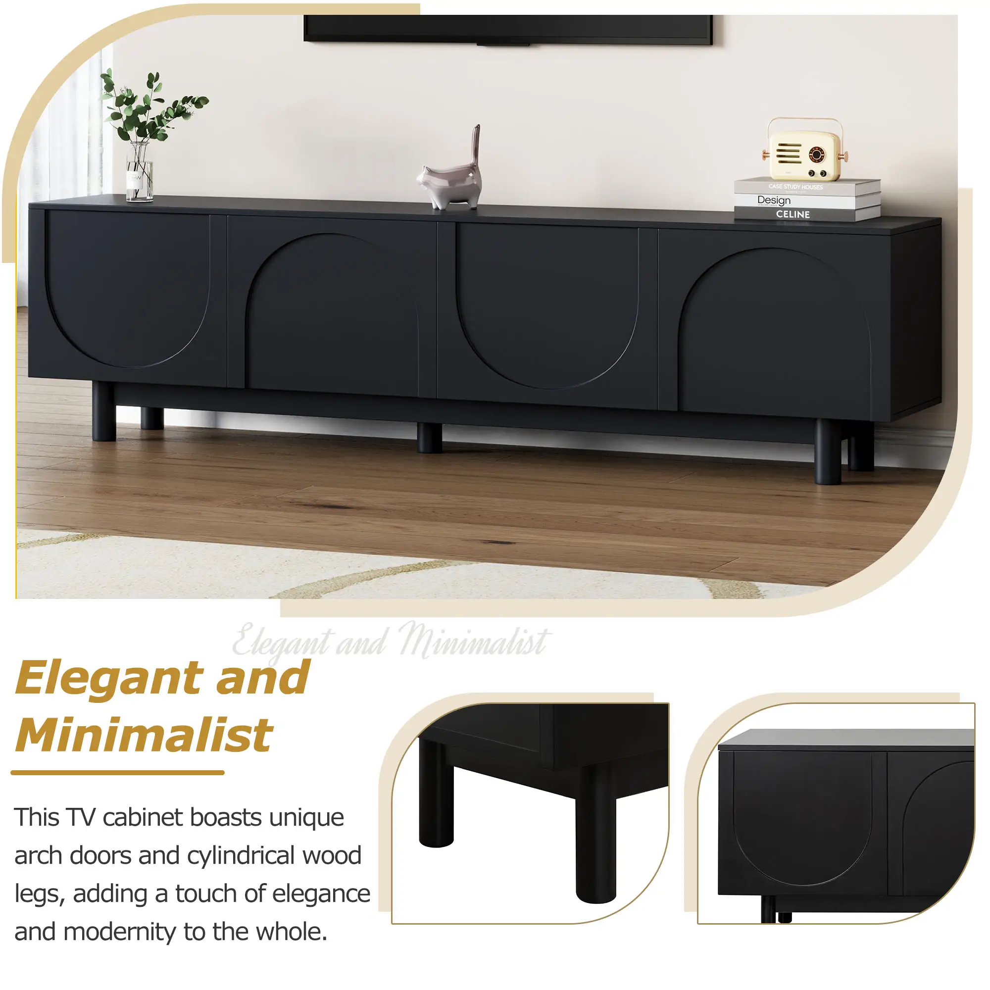 ON-TREND Graceful TV Stand With Arch Cabinets For TVs Up To 78'', Minimalist Entertainment Center With Solid Wood Legs, Practical Media Console With Adjustable