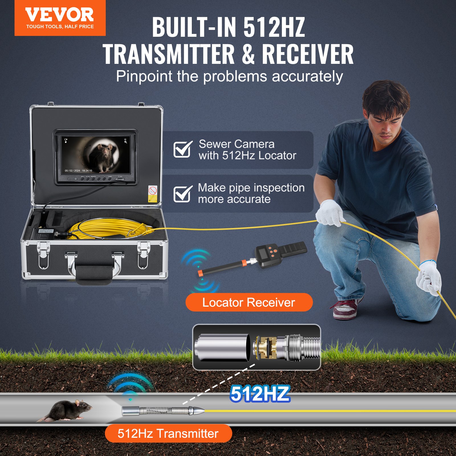 Sewer Camera With 512Hz Locator, 98 Ft/30 M, 9" Drain Inspection Camera With... 2