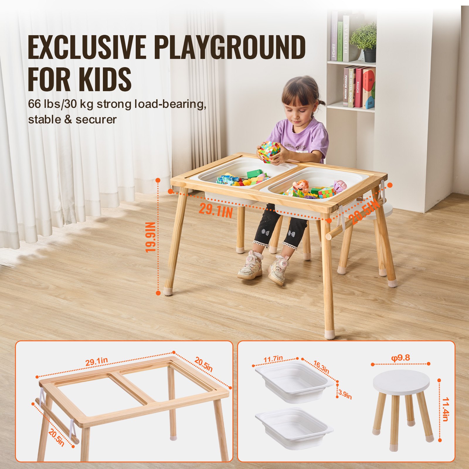 Sensory Table And Chairs Set, Toddlers Activity Table With 2 Stools, 2 Storage Bins & Paper Roll Holder, Indoor/Outdoor Play Sand And Water Table, Wooden Kids Sensory Table - Gift For Boys Girls image 4