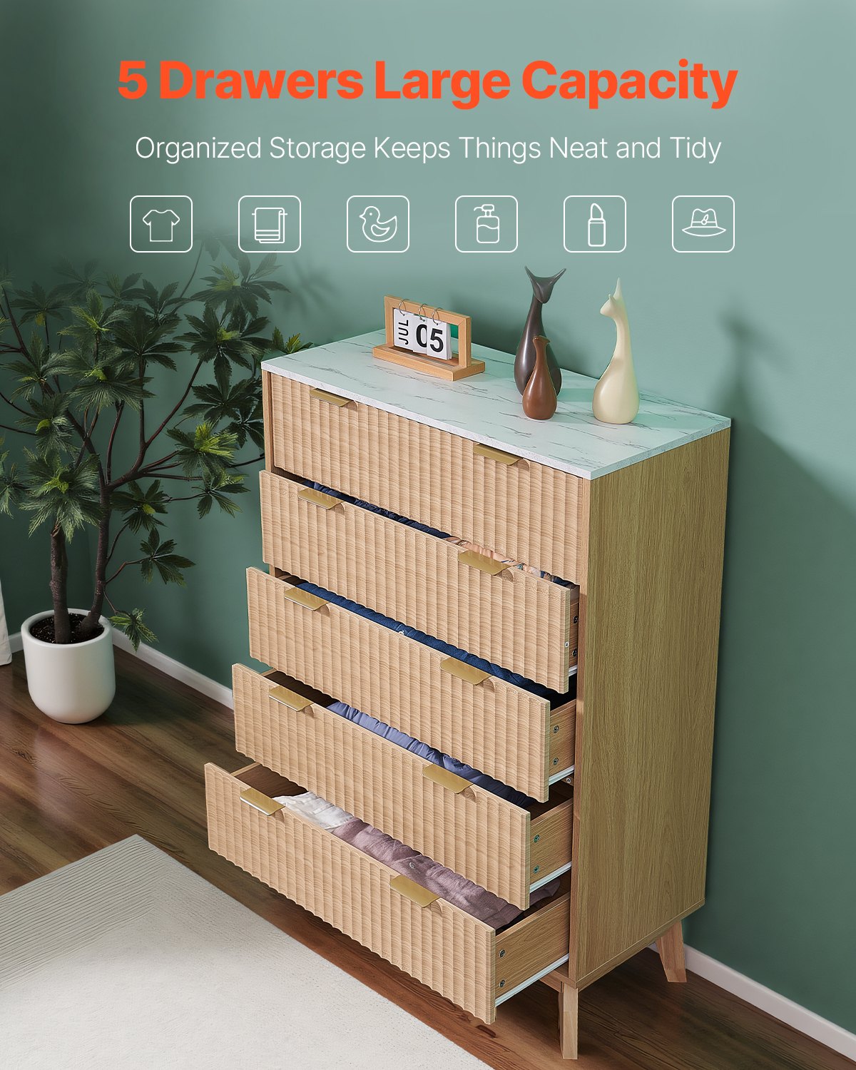 5 Fluted Drawer Dresser — Wooden Chest of Drawers with Sliding — photo 4