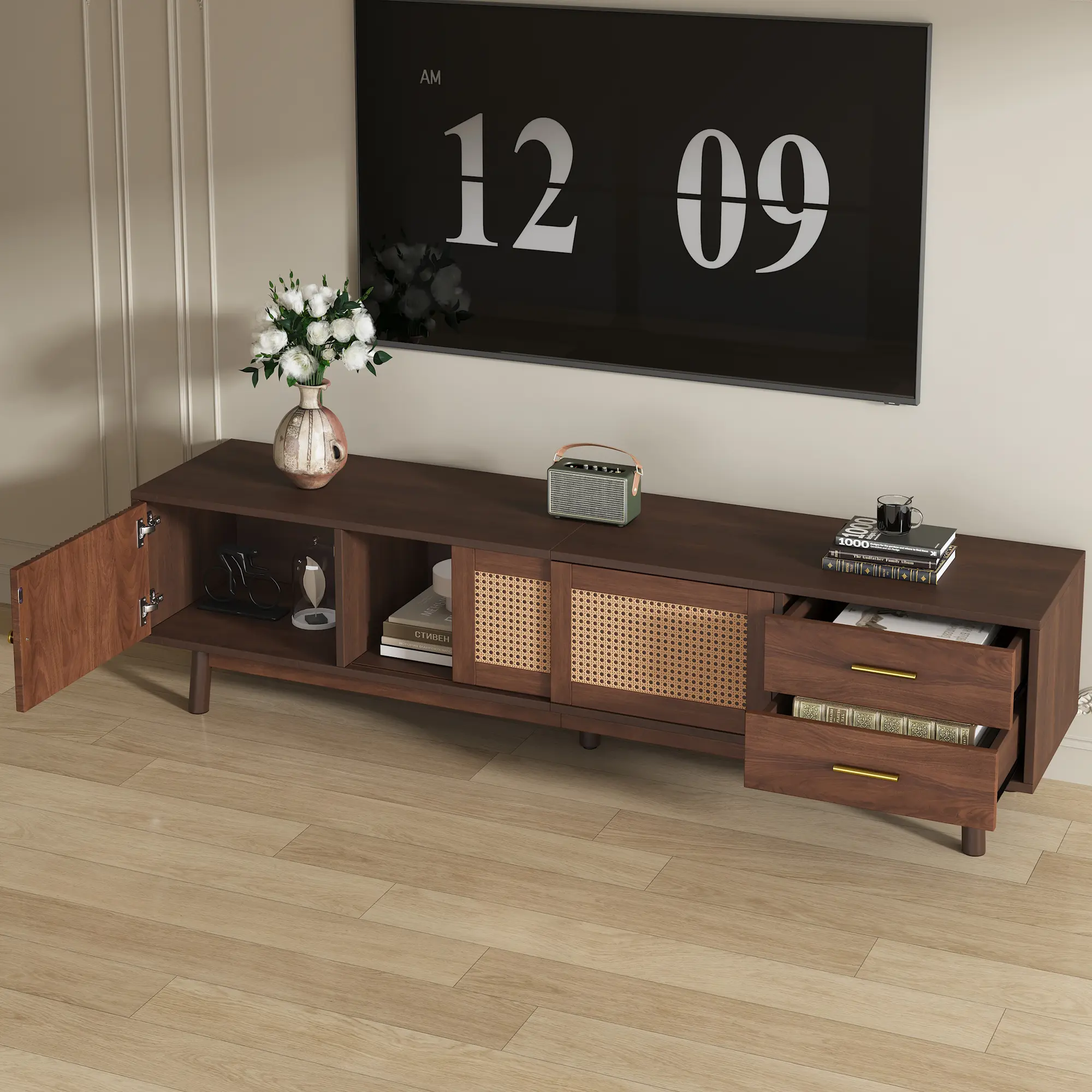 Mid Century Modern TV Stand For 80 TVs, Entertainment Center With Sliding Doors And Drawers, TV Table With Storage For Living Room, Bedroom