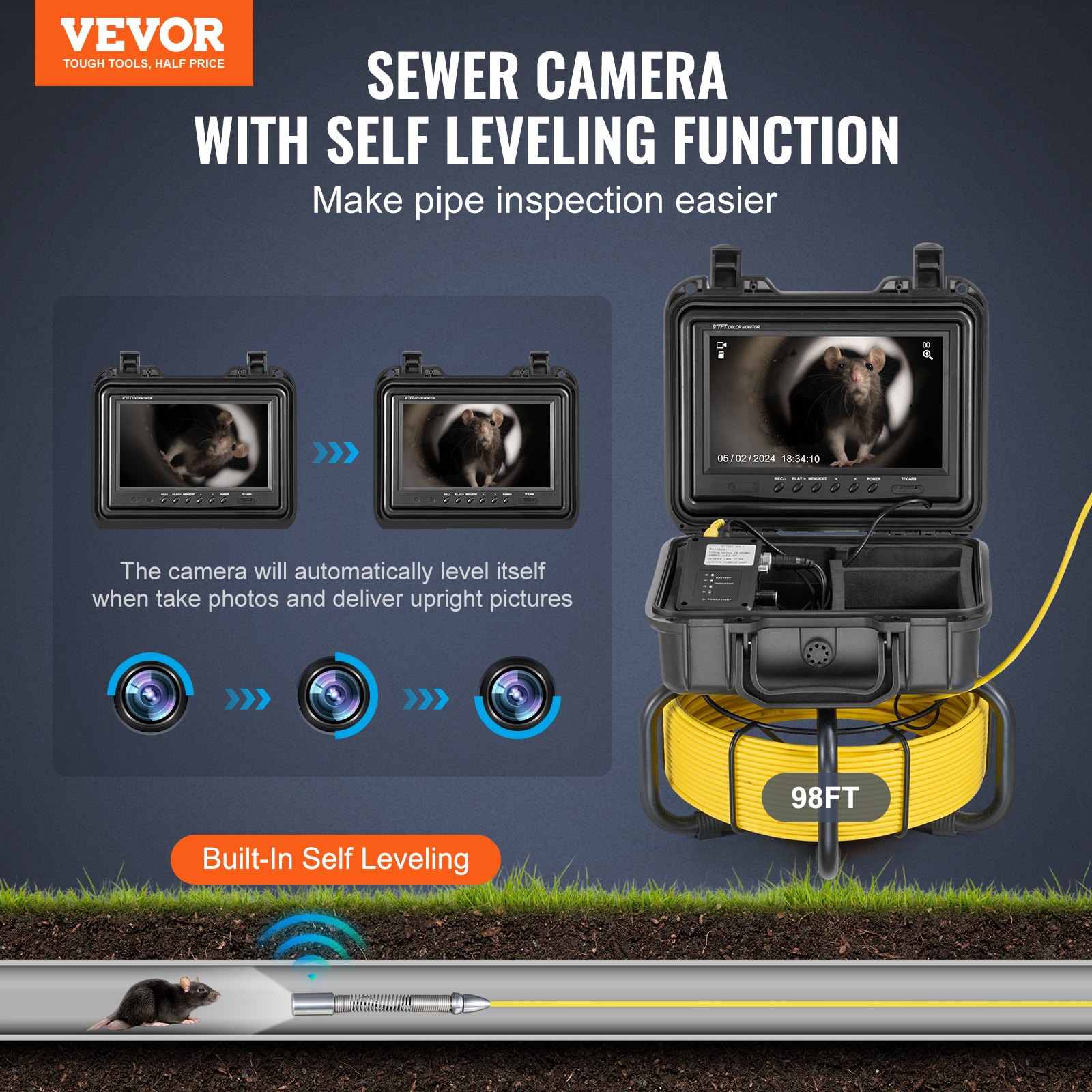 Sewer Camera, 98 Ft/30m, Self-Leveling Drain Inspection Camera With 9" 1080P HD... 2