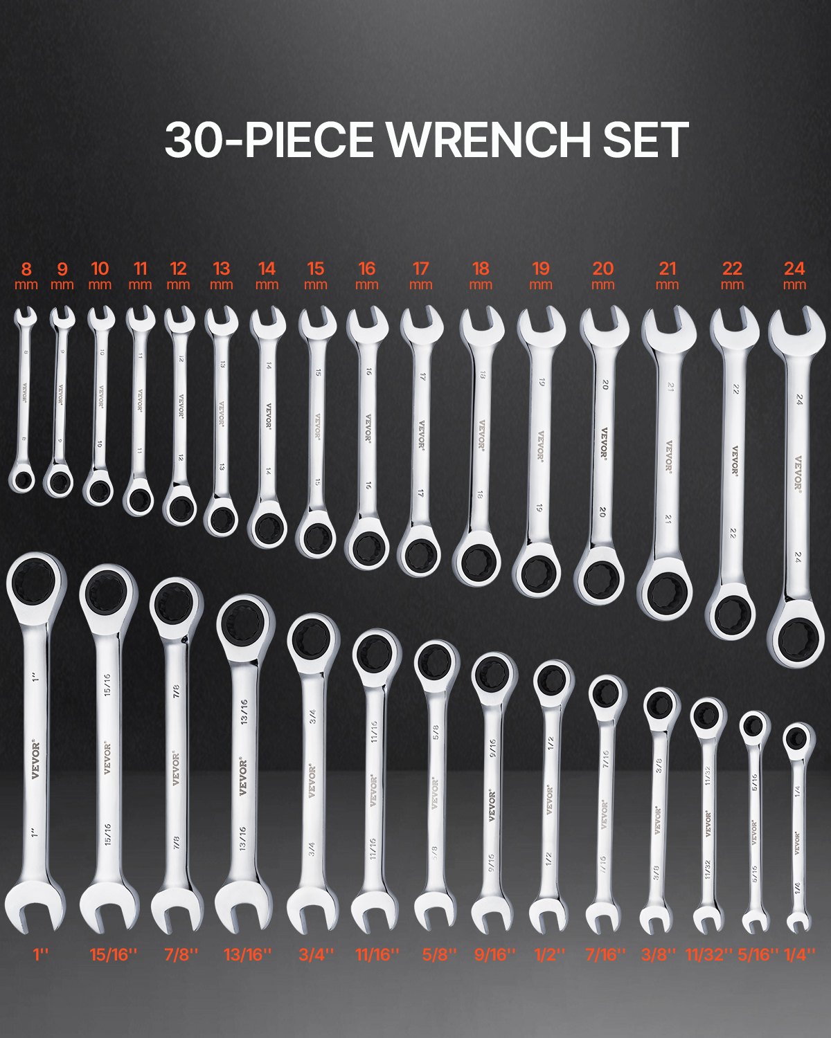 Combination Wrench Set, 30-Piece Ratcheting Wrench Set With Organizer Rack, Cr-V Steel Wrench Set SAE 1/4" To 1", Metric 8 Mm To 24 Mm, Ideal For General Household, Garage, Workshop, Emergency image 2